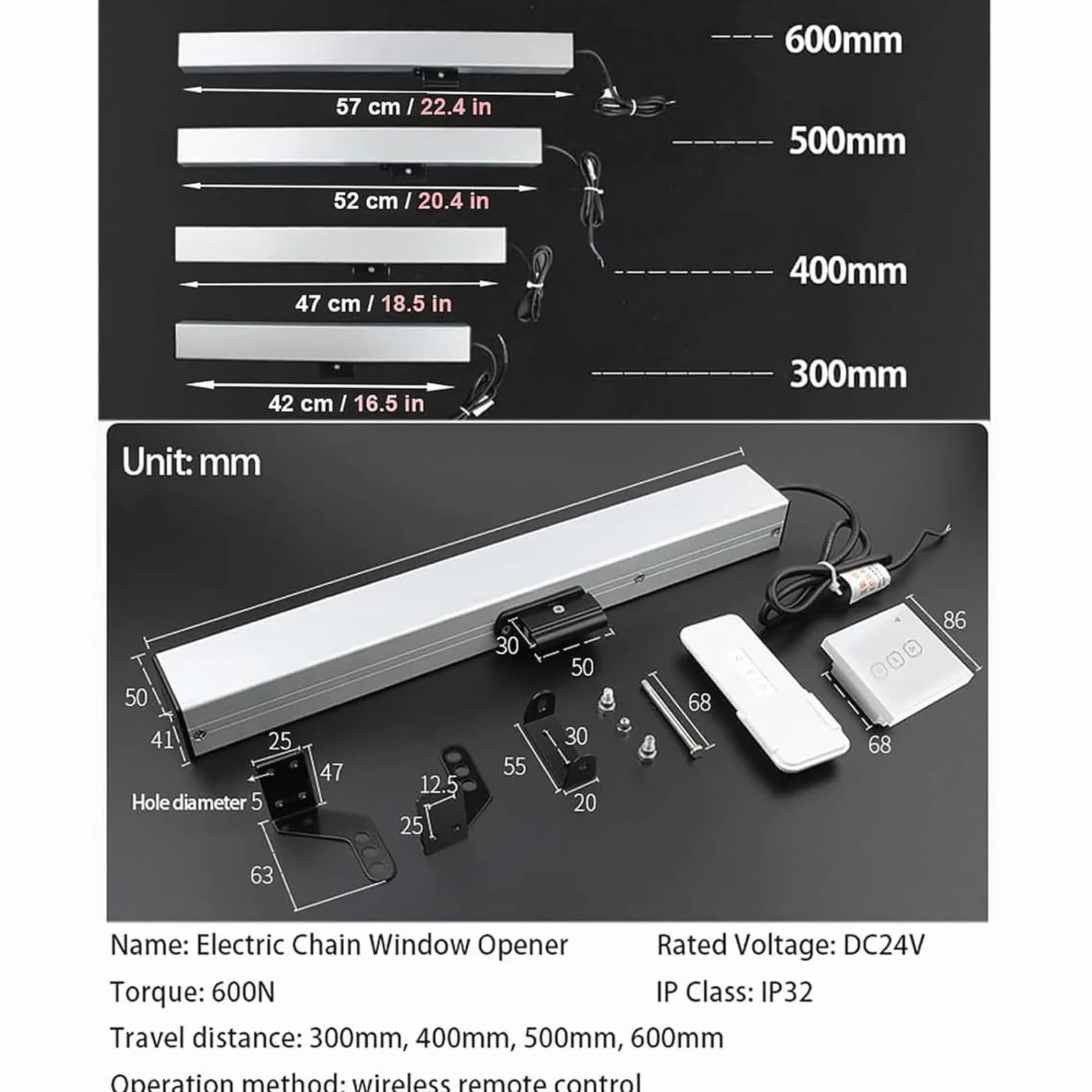 Attuatore elettrico automatico per finestra aperta, telecomando, catena a doppio strato, silenzioso, corsa 300-1000 mm, per ventilazione del tetto del lucernario