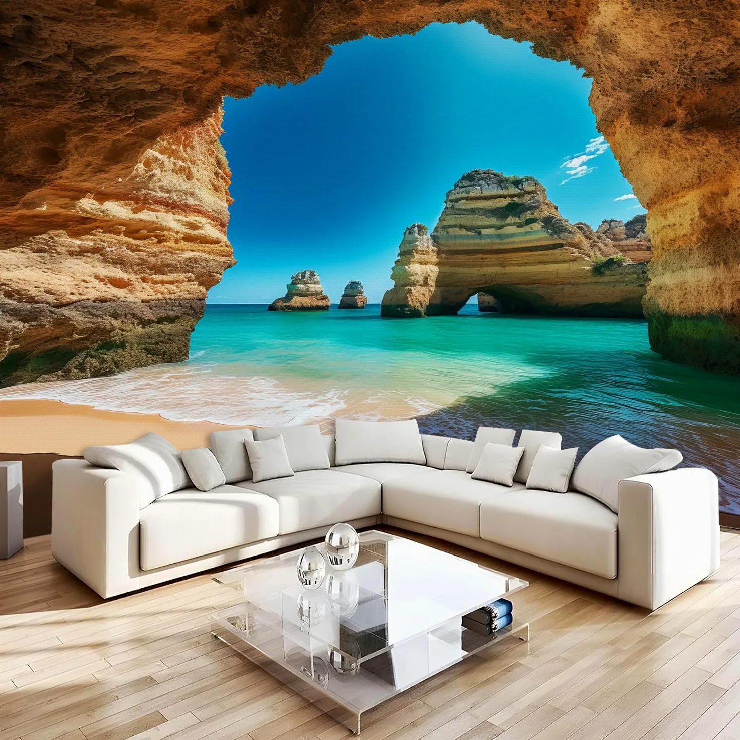 Carta da parati effetto 3D Grotta 350 x 256 cm Murale Non Tessuto Paesaggio Oceanico Fotomurale Stampa HD Moderna Poster Per Soggiorno E Camera Da Letto Design 2M1887