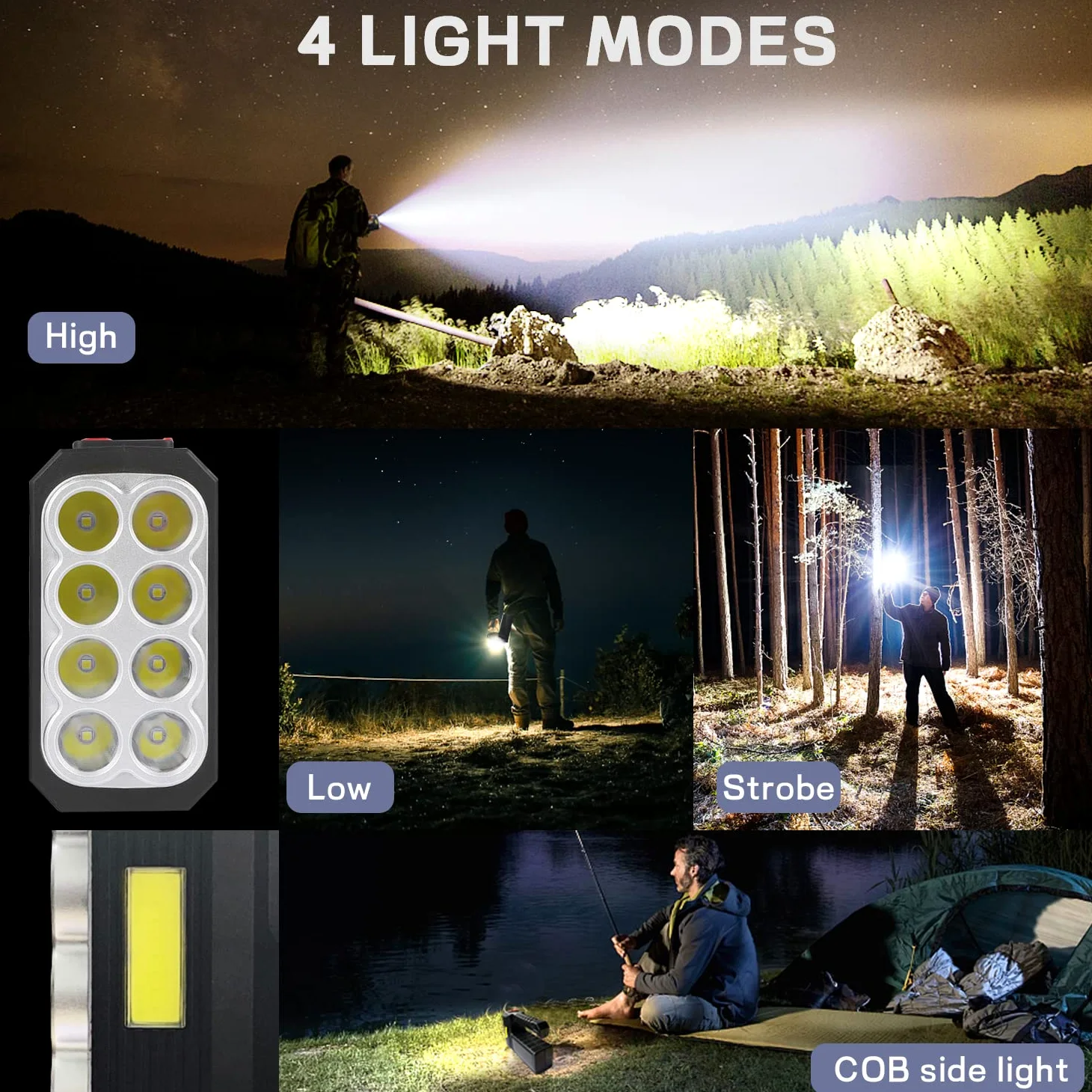 Torcia solare a 8 LED con luce di posizione COB, 1000 lumen, alimentata a energia solare, ricaricabile tramite USB, impermeabile, con 3 modalità, per pesca, campeggio, emergenze