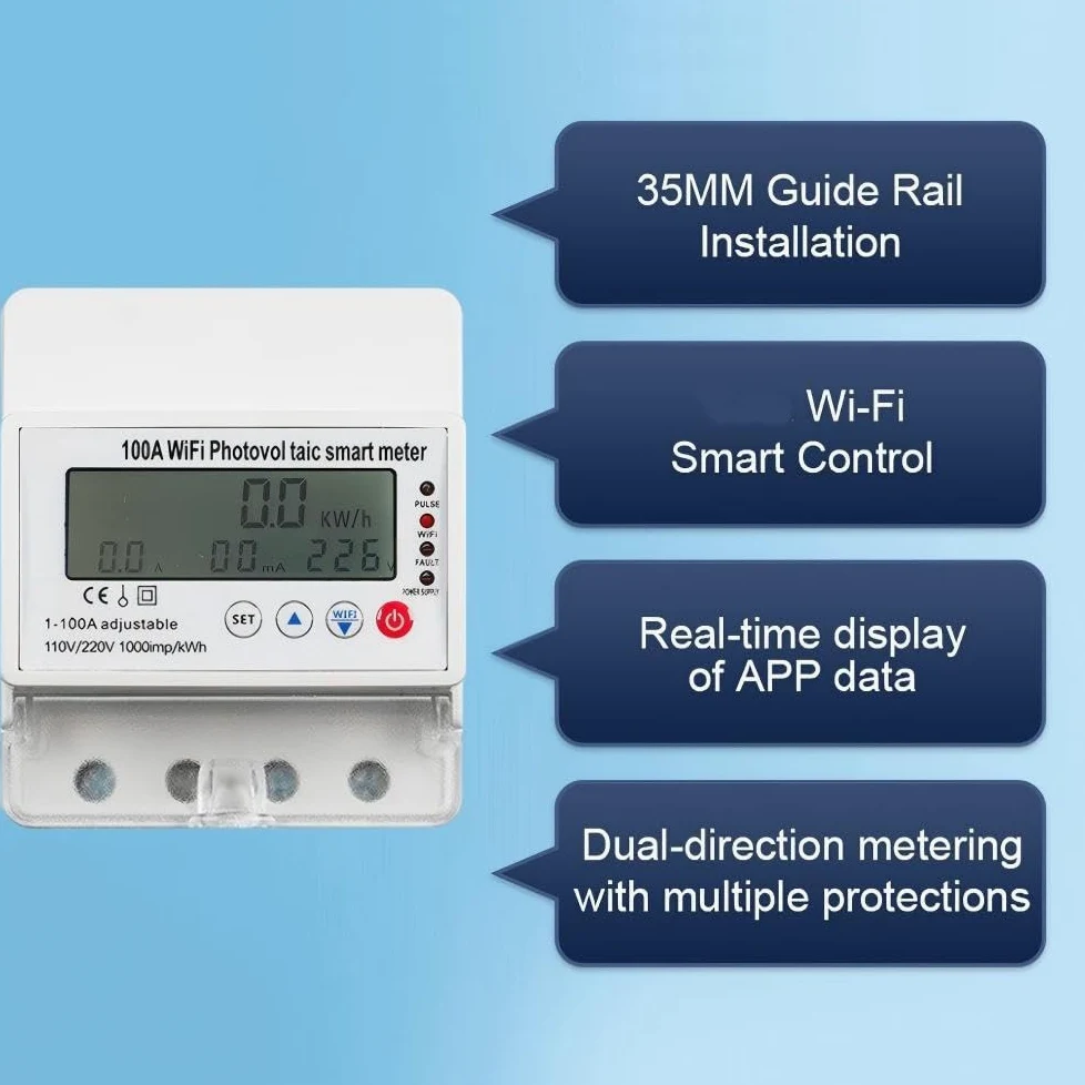 Contatore Elettrico Intelligente WiFi 100A, Misurazione Energia Bidirezionale/Controllo Remoto/Protezione da Sovratensione e Sottotensione, Monitor di Potenza Monofase 4P 110/220V