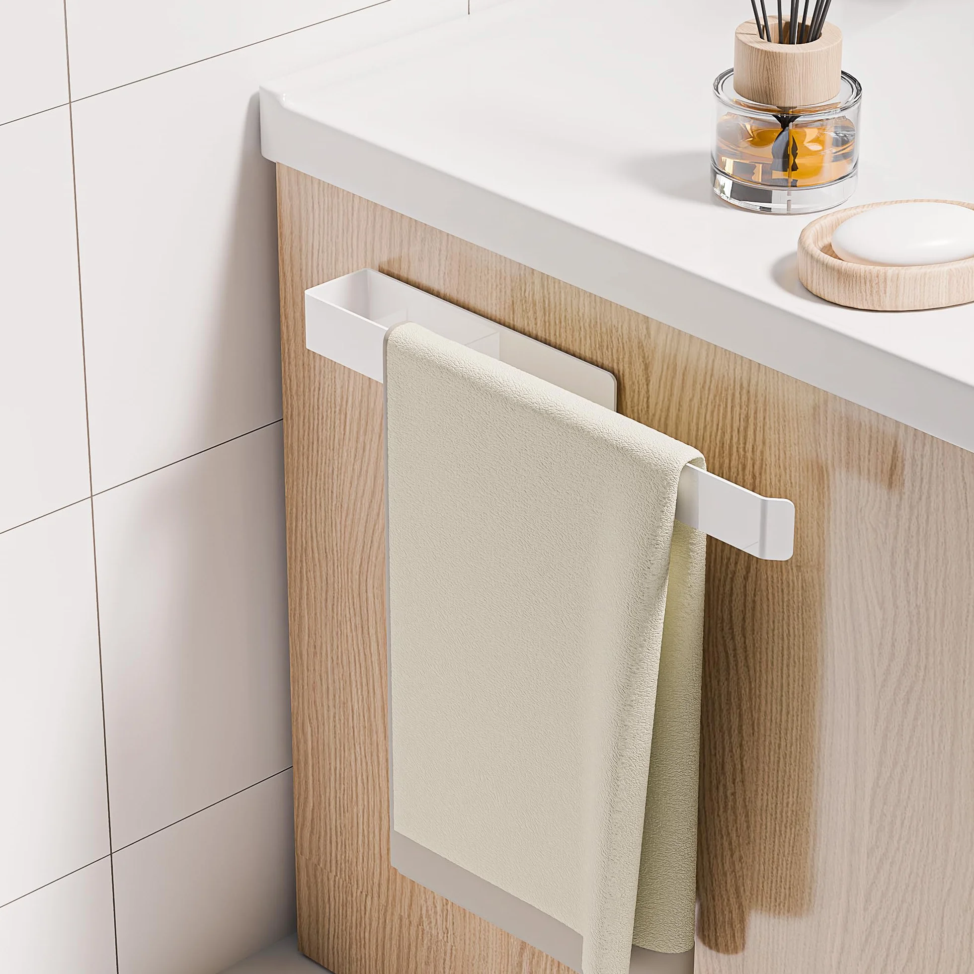 Portasciugamani senza foratura in alluminio, metallo, per bagno e cucina, bianco 32 cm