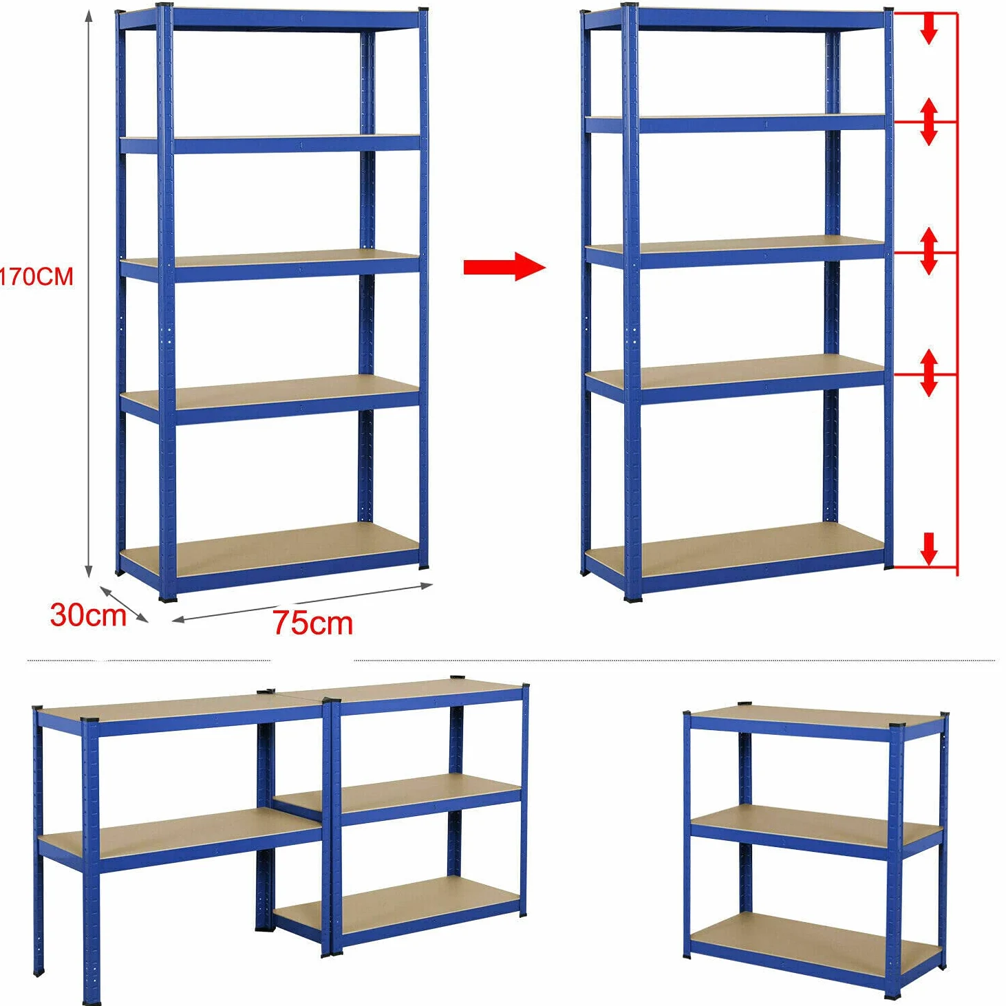 Scaffalatura per cantina con 5 ripiani regolabili, 200 x 100 x 50 cm, portata fino a 875 kg, design senza bulloni, facile da montare per garage, officina, dispensa, colore: blu
