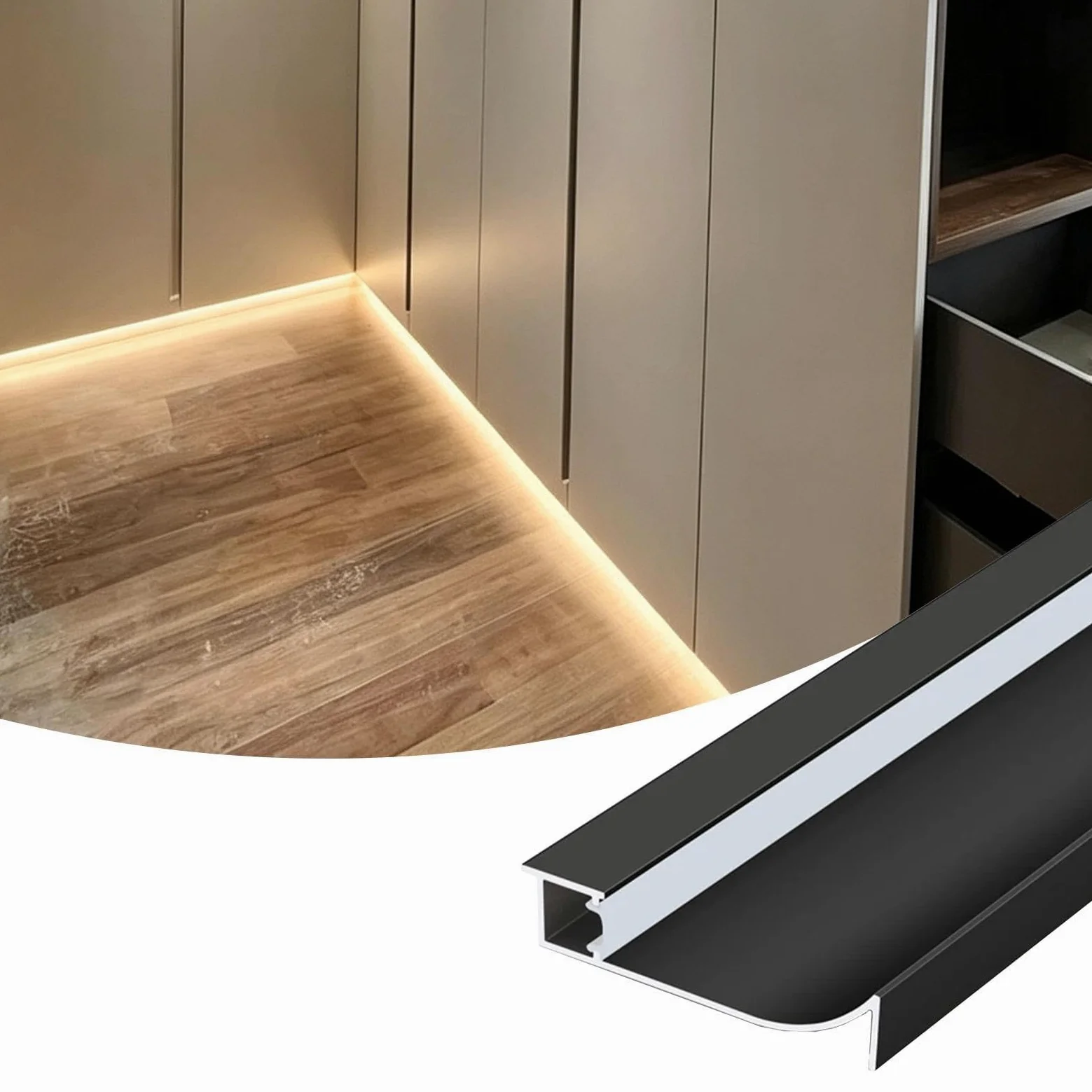 Veletta LED Doffitto Illuminazione LED per Battiscopa lunghezze | Profilo per Battiscopa Nero (installazione a Incasso o a Parete) – Sicurezza Notturna(7pack,125cm/4.1ft)