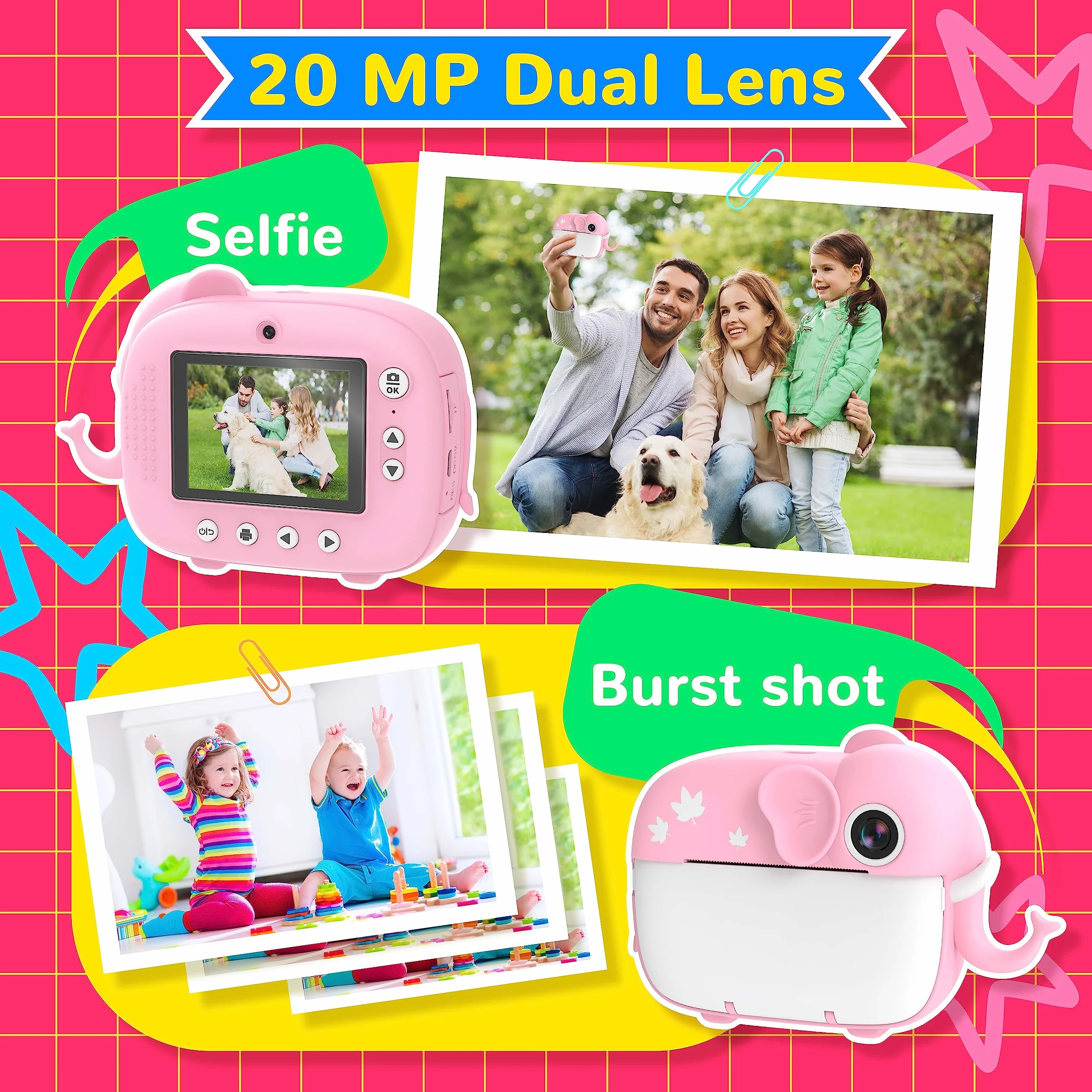 TIATUA Macchina Fotografica Bambini Istantanea, 20MP/1080P HD Videocamera, videocamera istantanea senza inchiostro con 32GB Scheda, Regalo per Bambini dai 3-12 Anni