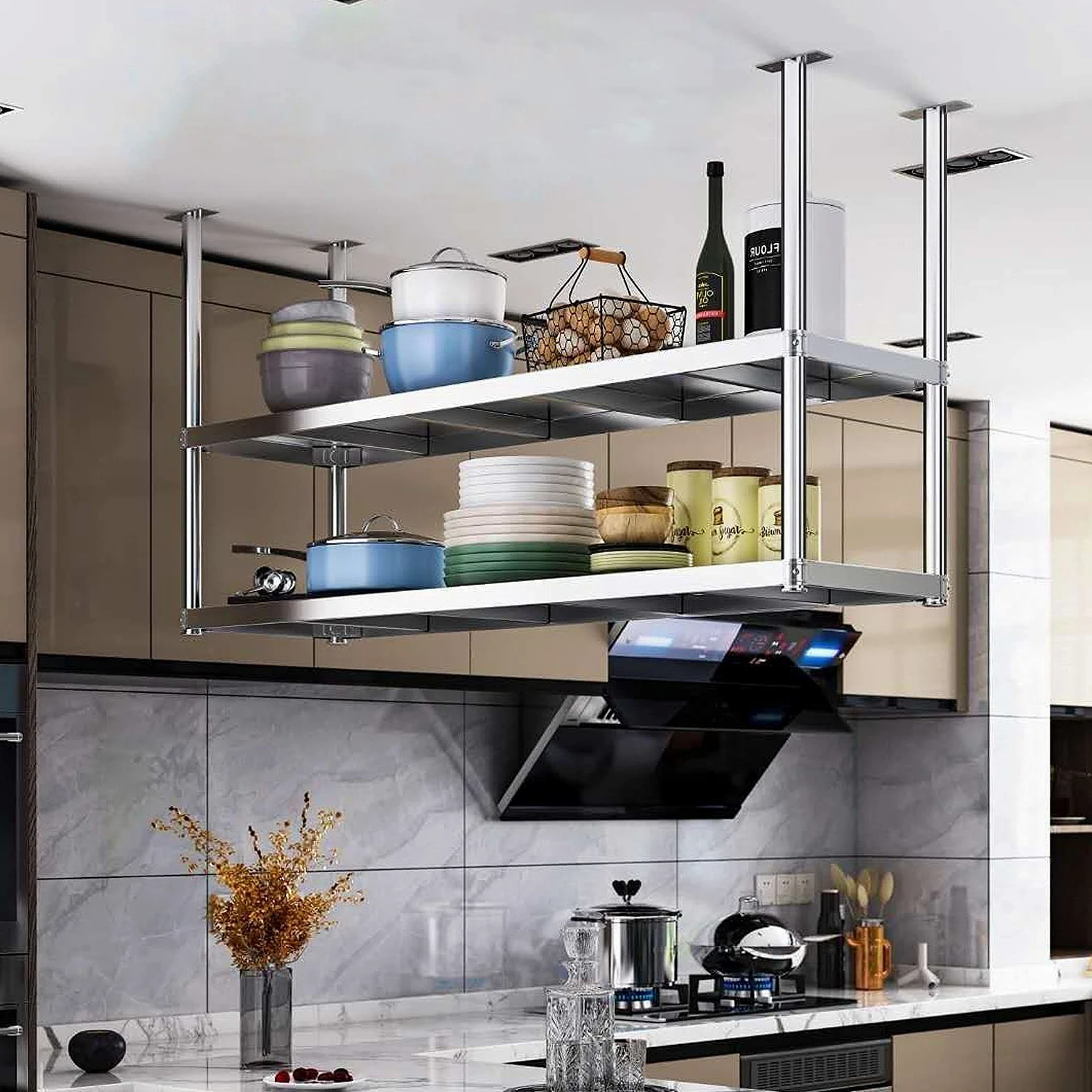 Mensola da soffitto Mensole da Parete Moderne galleggianti a 2 Livelli, mensole per Piante da Bar per personalità con Supporto per Fiori a soffitto, mensole da Cucina industriali i