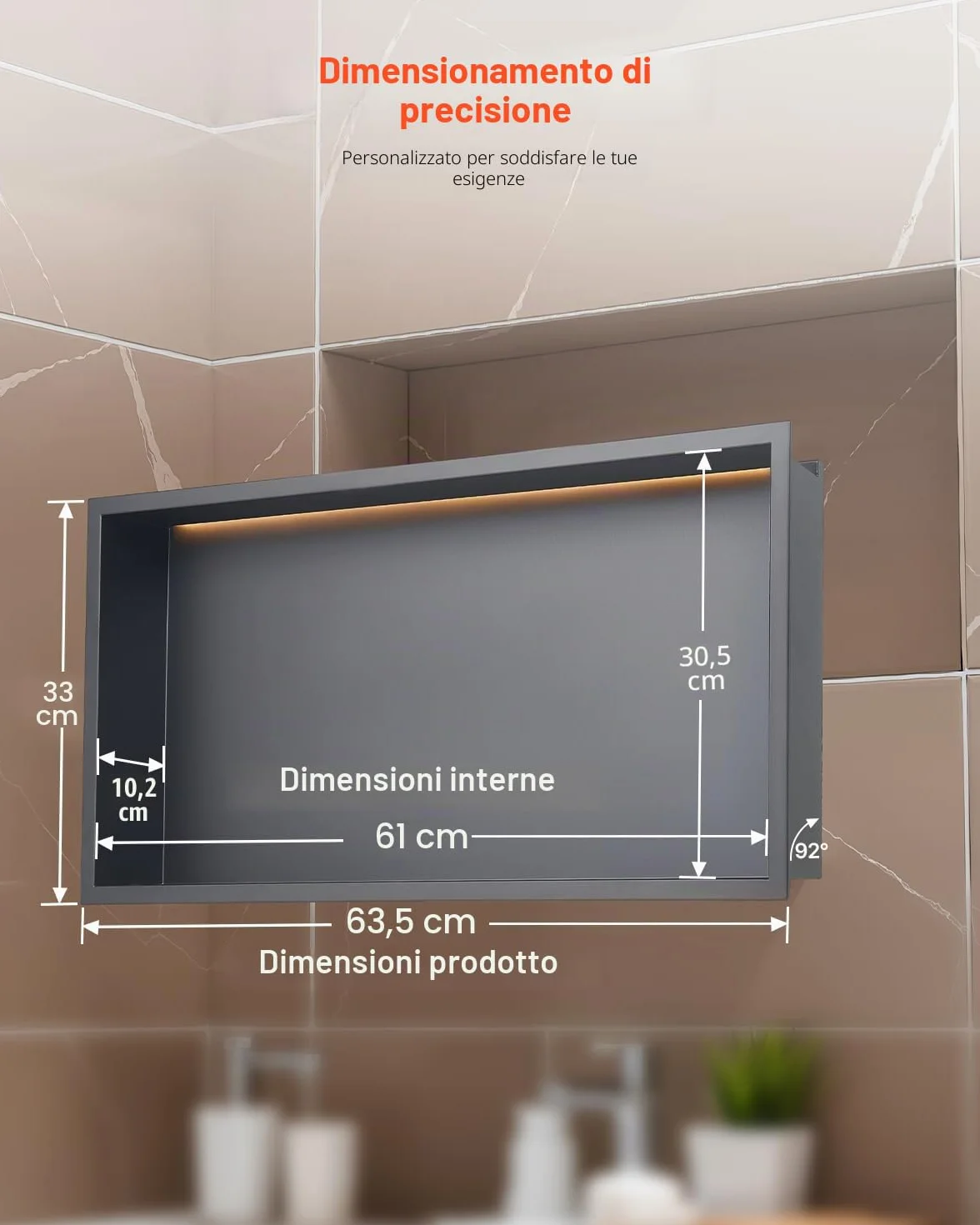 VEVOR Nicchia per Doccia 33x63.5x10.2 cm Acciaio Inossidabile da Incasso LED Striscia Porta Sapone Shampoo Impermeabile Nero