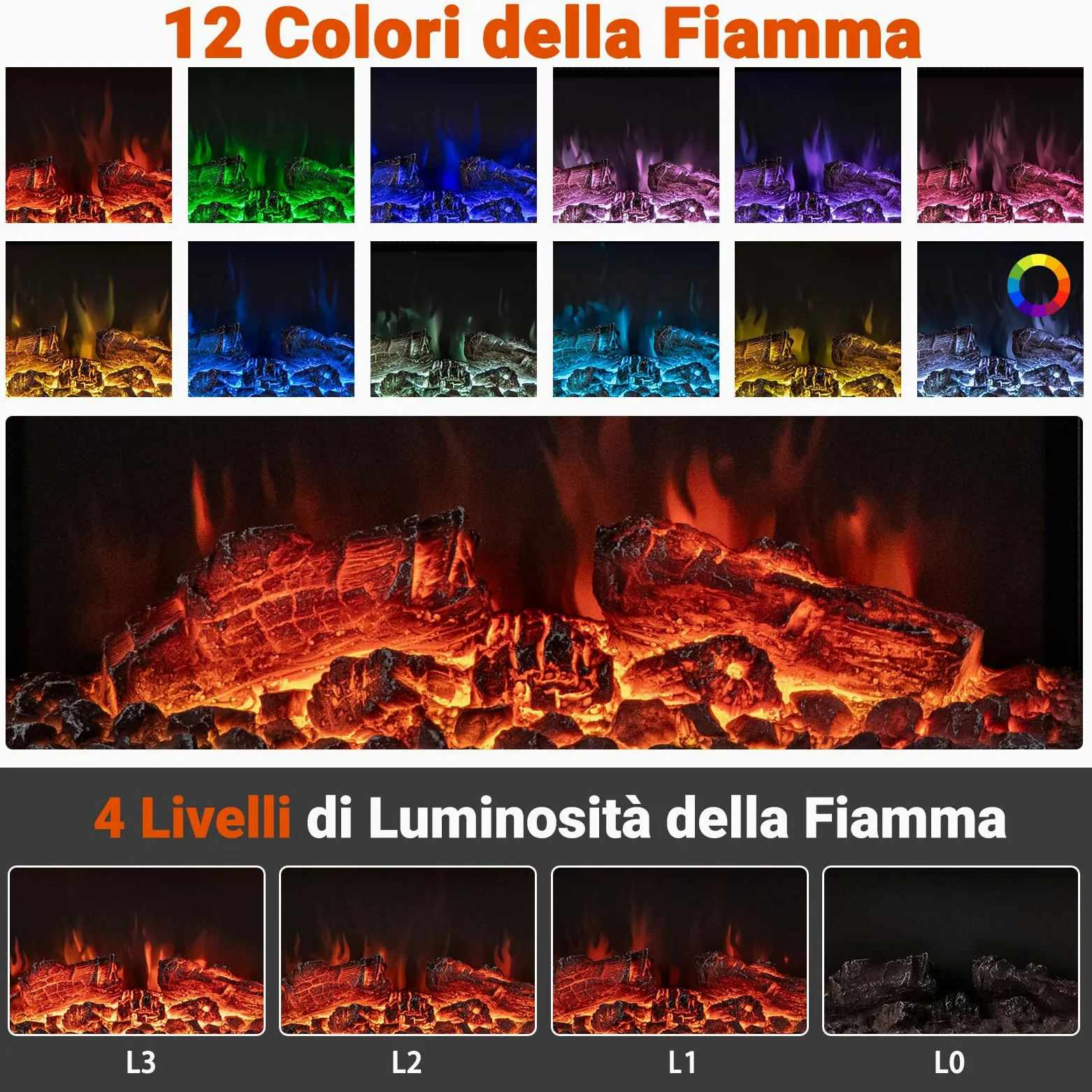 COSTWAY Camino Elettrico, 750W/1500W Caminetto con Luci LED, Telecomando, 12 Colori di Fiamma, Timer 8H Mensola Galleggiante e Protezione Surriscaldamento