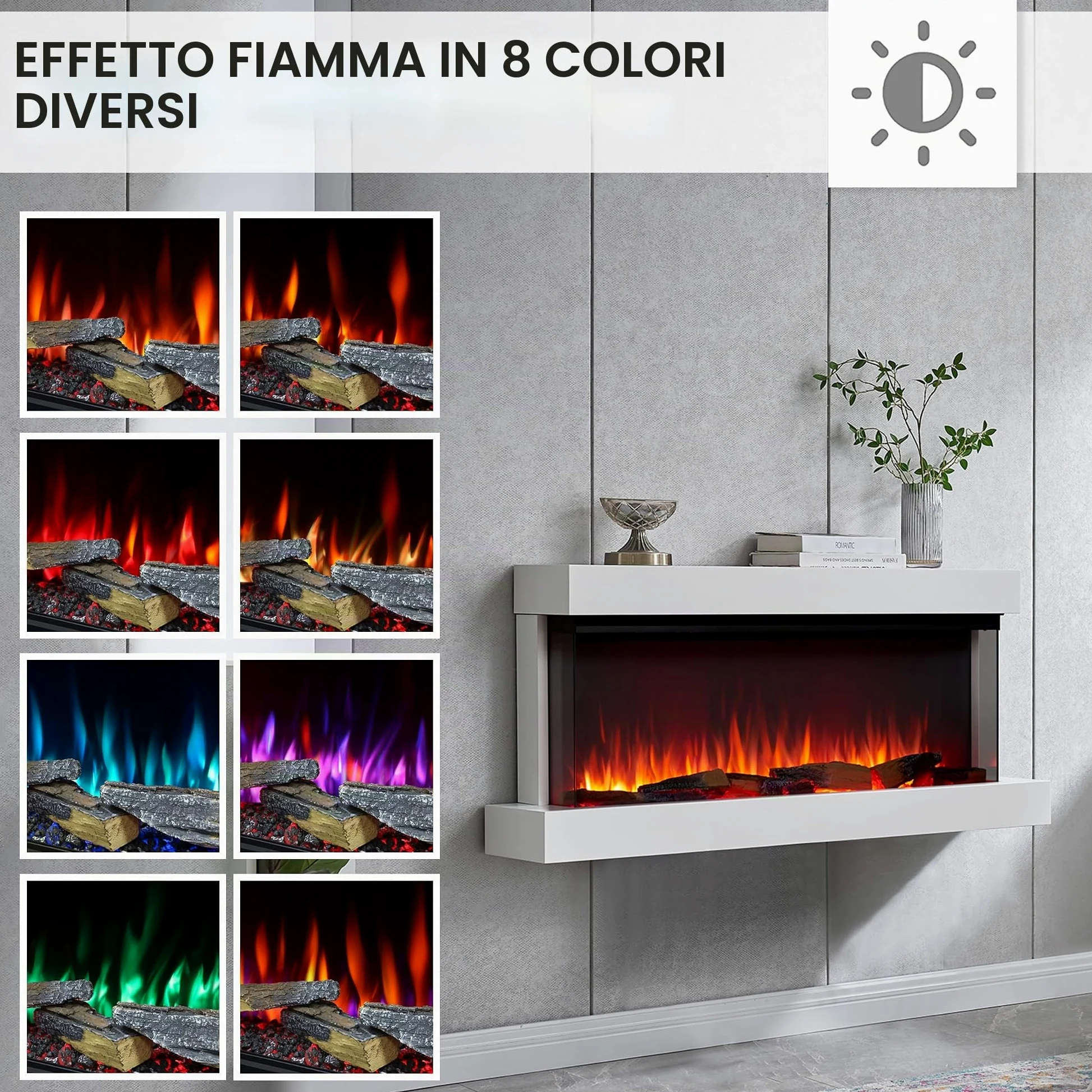 BALDERIA Camino elettrico Achilles L | Camino elettrico da parete con effetto fiamma 3D | Riscaldamento 1500 W, illuminazione a LED, WiFi, controllo app, suono scoppiettante, telecomando, timer e