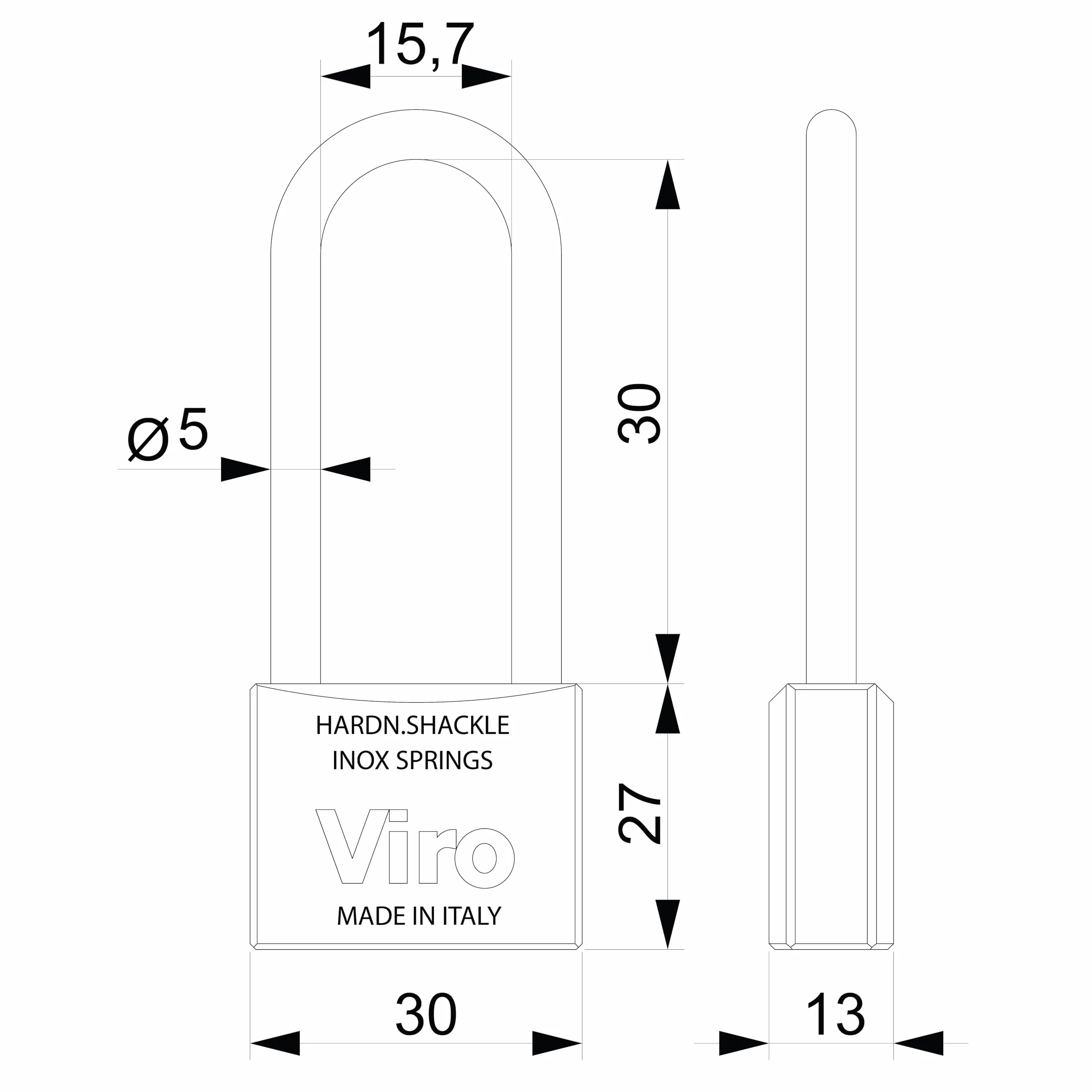 Viro | Lucchetto Rettangolare Antiscasso in Ottone Massiccio Satinato, Base 30mm, Arco 30mm in Acciaio Cementato, Resistente