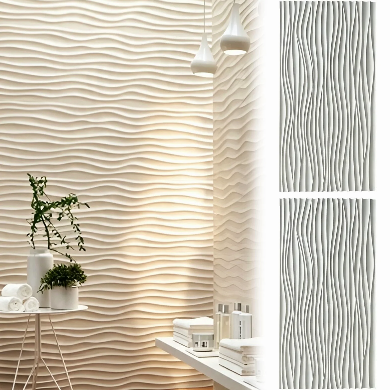 Pannelli Decorativi per Pareti Set da 2 Pannelli Murali 3D Ondulati in PU | Rivestimento Murale Decorativo Testurizzato Bianco Opaco, Rivestimento Murale Impermeabile e Leggero, Pannelli Decorativi