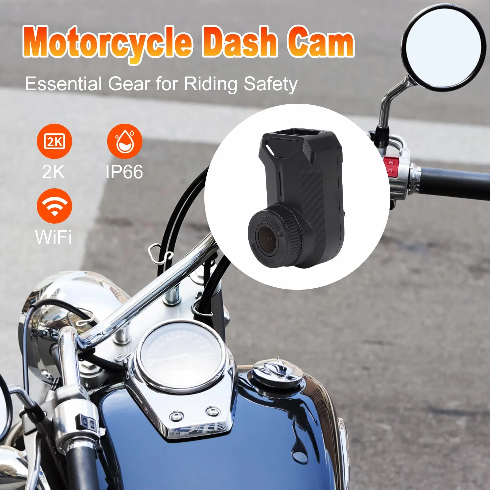 Shkalacar Dash Cam per Moto 2K, Registratore di Guida WiFi 2.4G con Registrazione in Loop e Controllo APP, Impermeabile IP66, per IOS e
