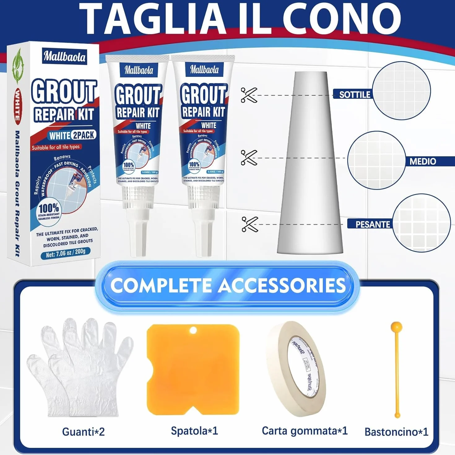 Riparazione Fughe Piastrelle Bianco, 2 Pack Kit Stucco per Piastrelle Bagno Doccia Pavimenti Pareti Cucina, Asciugatura Rapida