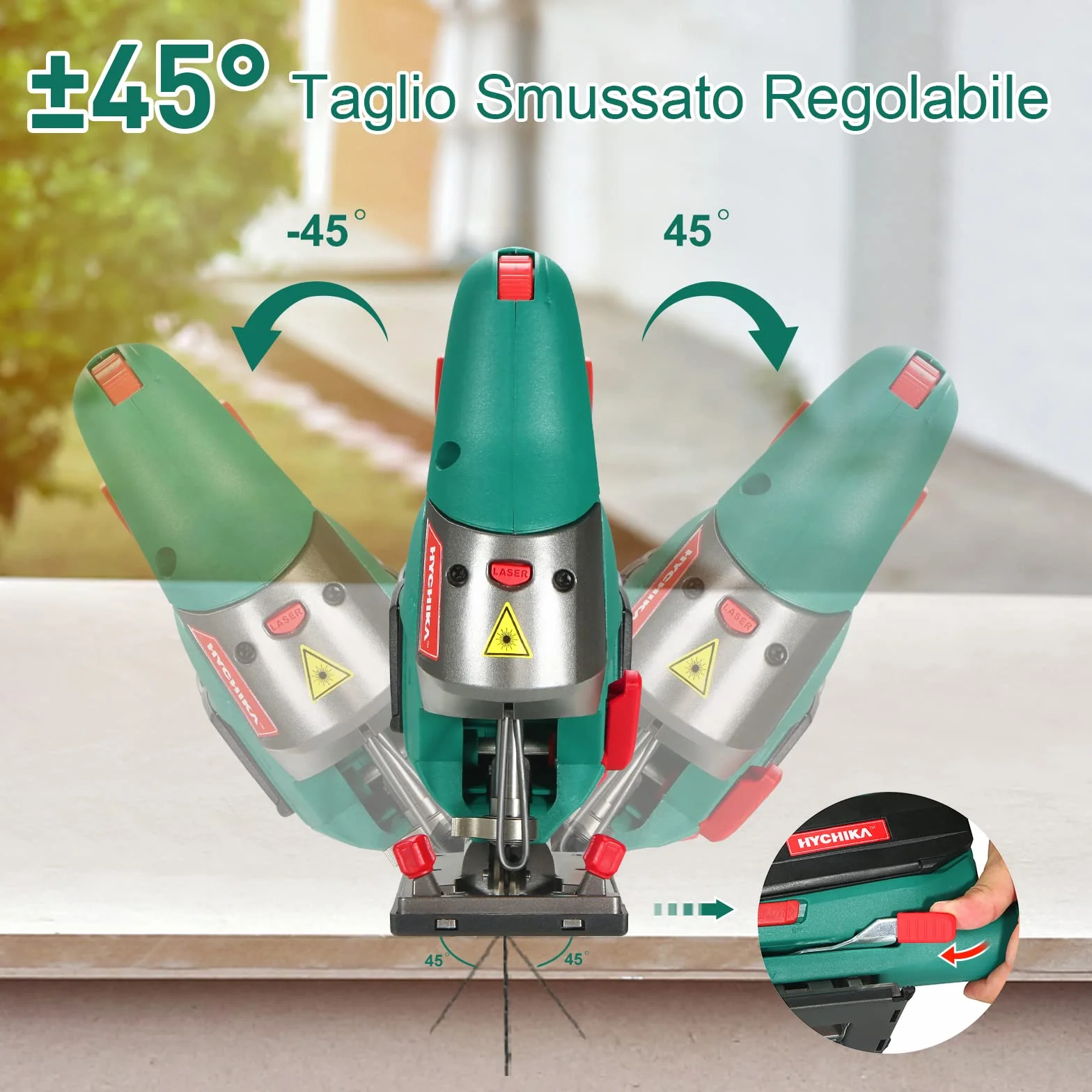 HYCHIKA Seghetto Alternativo 800W, Profondità di Taglio 110mm, 800-3000RPM, 6 Velocità variabile, Angolo di Inclinazione Regolabile da ±45 °, Adatto a Metallo e Legno