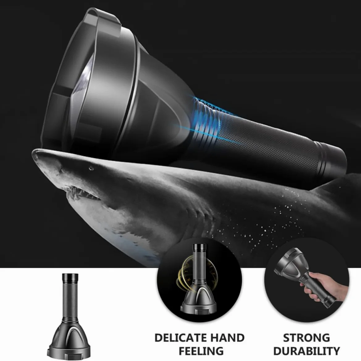 SHINEOFI Torcia Elettrica LED in Lega di Alluminio, Forte Luce | 5000mah, Nero, Resistente a Urti e Pressione, per Campeggio e Pesca, Funzione Lampeggiante