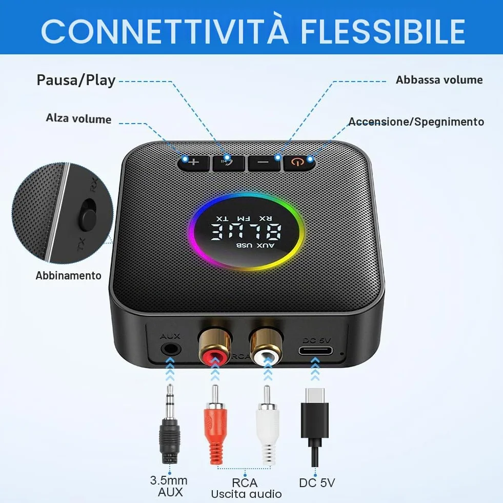 AXFEE Ricevitore Bluetooth 5.4 HiFi, 3.5mm RCA jack Audio, Adattatore Audio, Impianto Stereo, Casse, Bassa Latenza Wireless, per Tablet/Smartphone/PC/laptop/Cuffie/TV