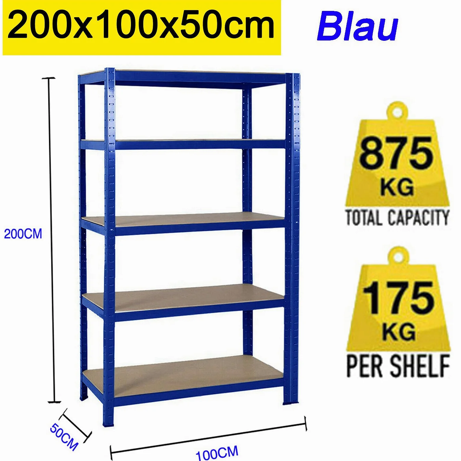 Scaffalatura 200 x 100 x 50 cm, scaffale per carichi pesanti con 5 ripiani in metallo, regolabile in metallo, facile da montare, portata fino a 875 kg, colore: blu