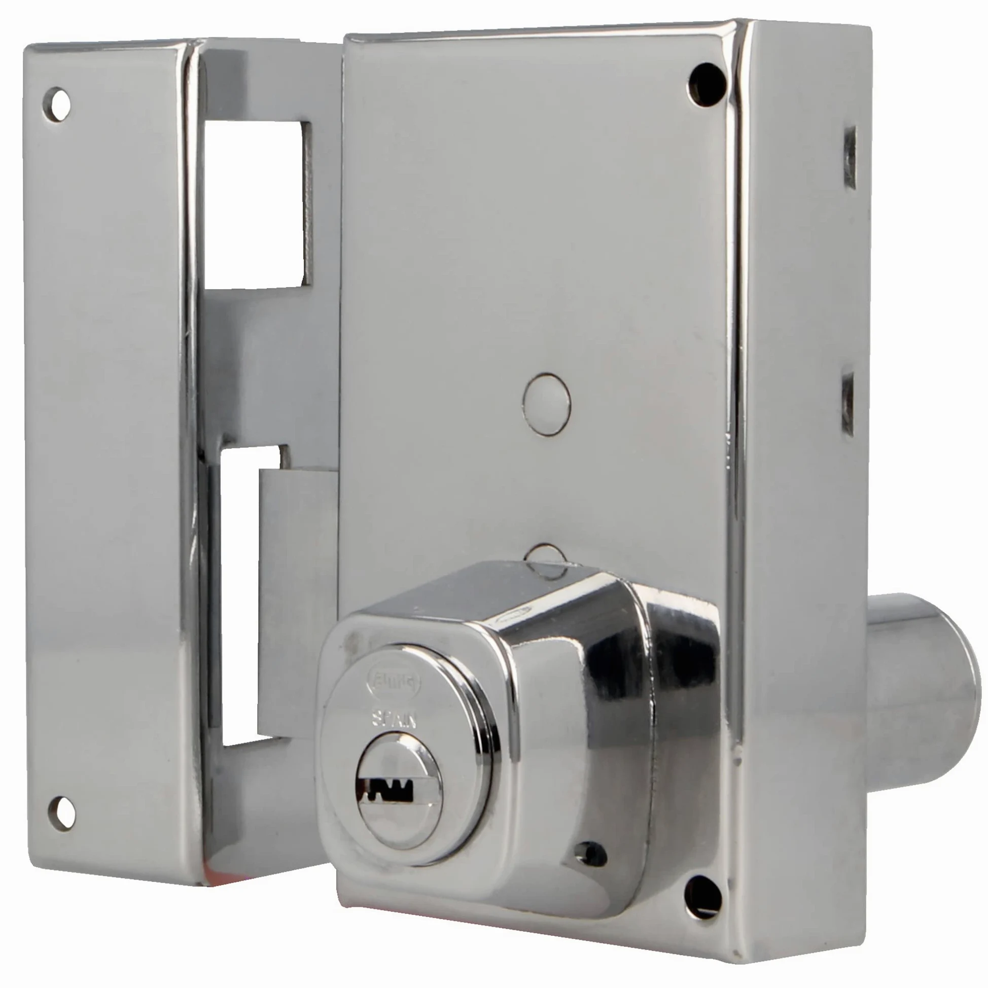 Amig - Serratura a sovrapposizione sinistra con leva di chiusura e linguetta per porte in legno mod. 75P, 67 x 112 mm, cilindro rotondo di sicurezza, acciaio argentato