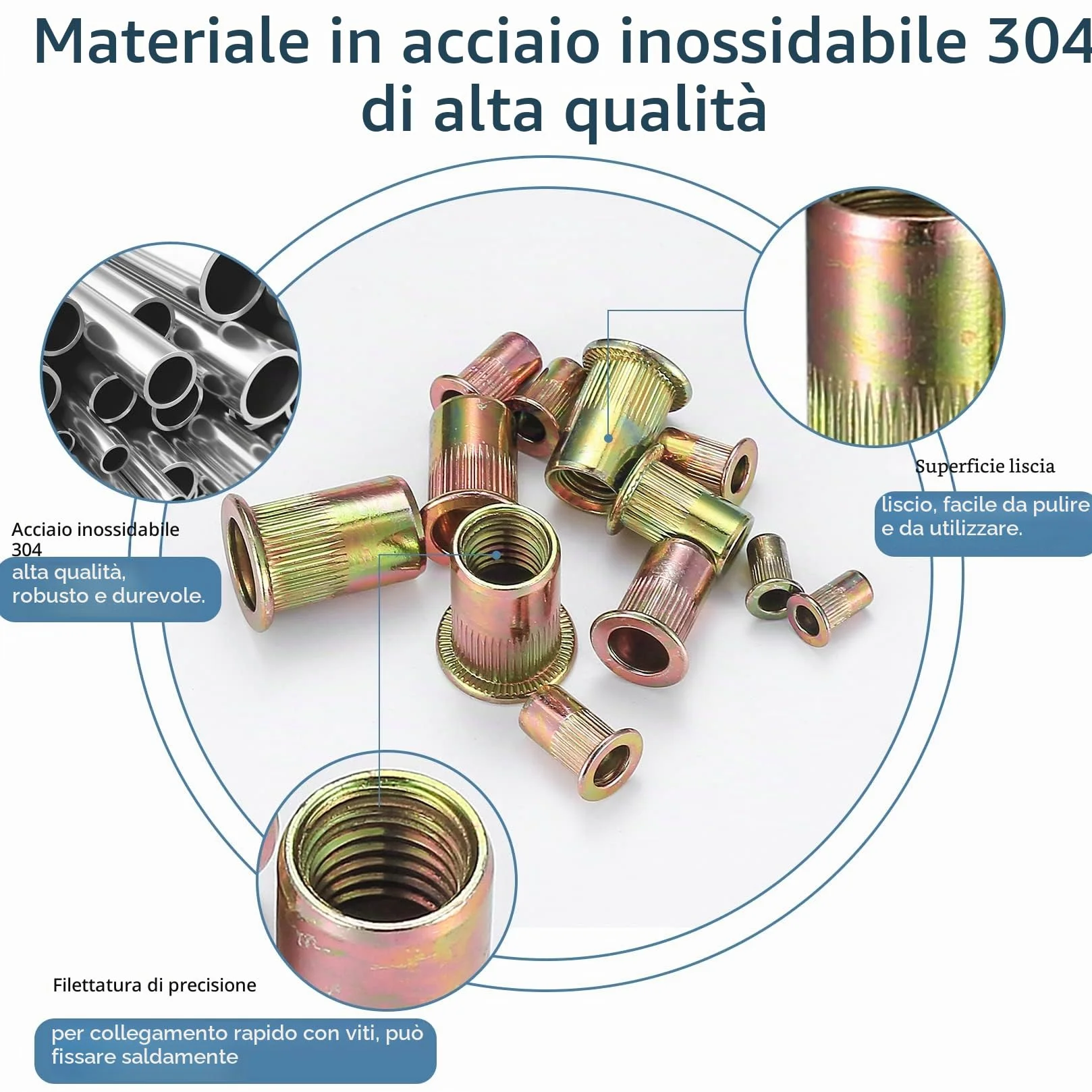 Inserti Filettati M3-M10, Rivetti Filettati in Acciaio al Carbonio, Testa Piatta Tonda, Nutsert Zincati, 300 Pezzi
