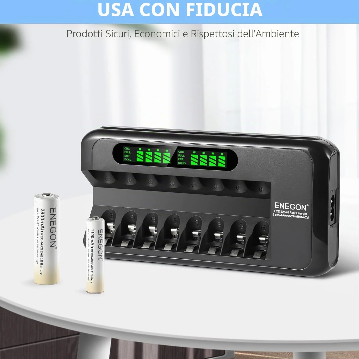 ENEGON Caricabatterie Rapido Intelligente per Batterie Ricaricabili AA AAA Ni-MH Ni-CD con Display LCD, 8 Slot Indipendenti, Protezione e Alimentatore 100-240V