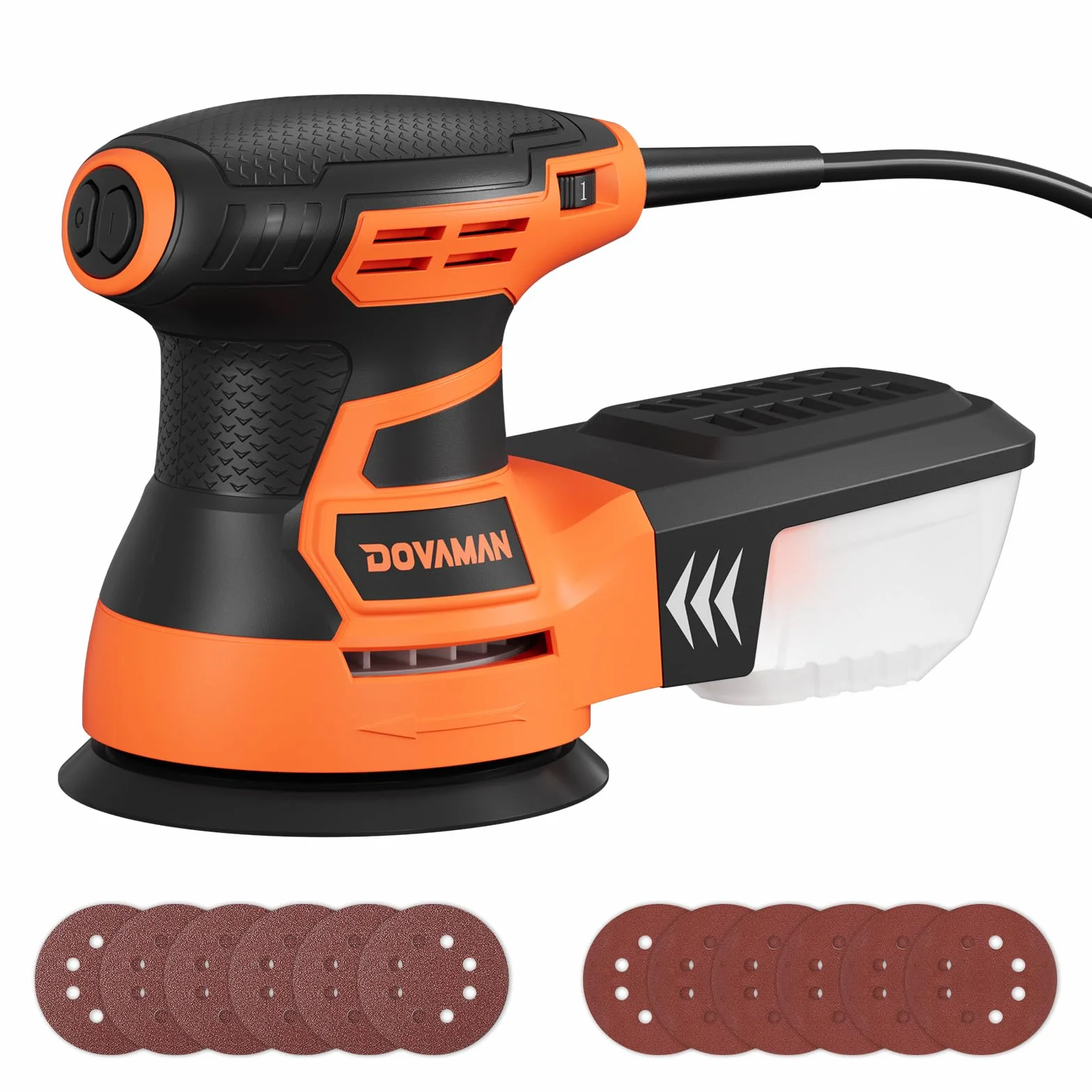 DOVAMAN ROS01A Levigatrice Orbitale,350W, 6 Velocità Variabili, 13000 RPM, 12 Fogli Abrasivi, Disco da 125mm, Raccolta della Polvere, Levigatrice Elettrica per Superfici in Legno e Acciaio
