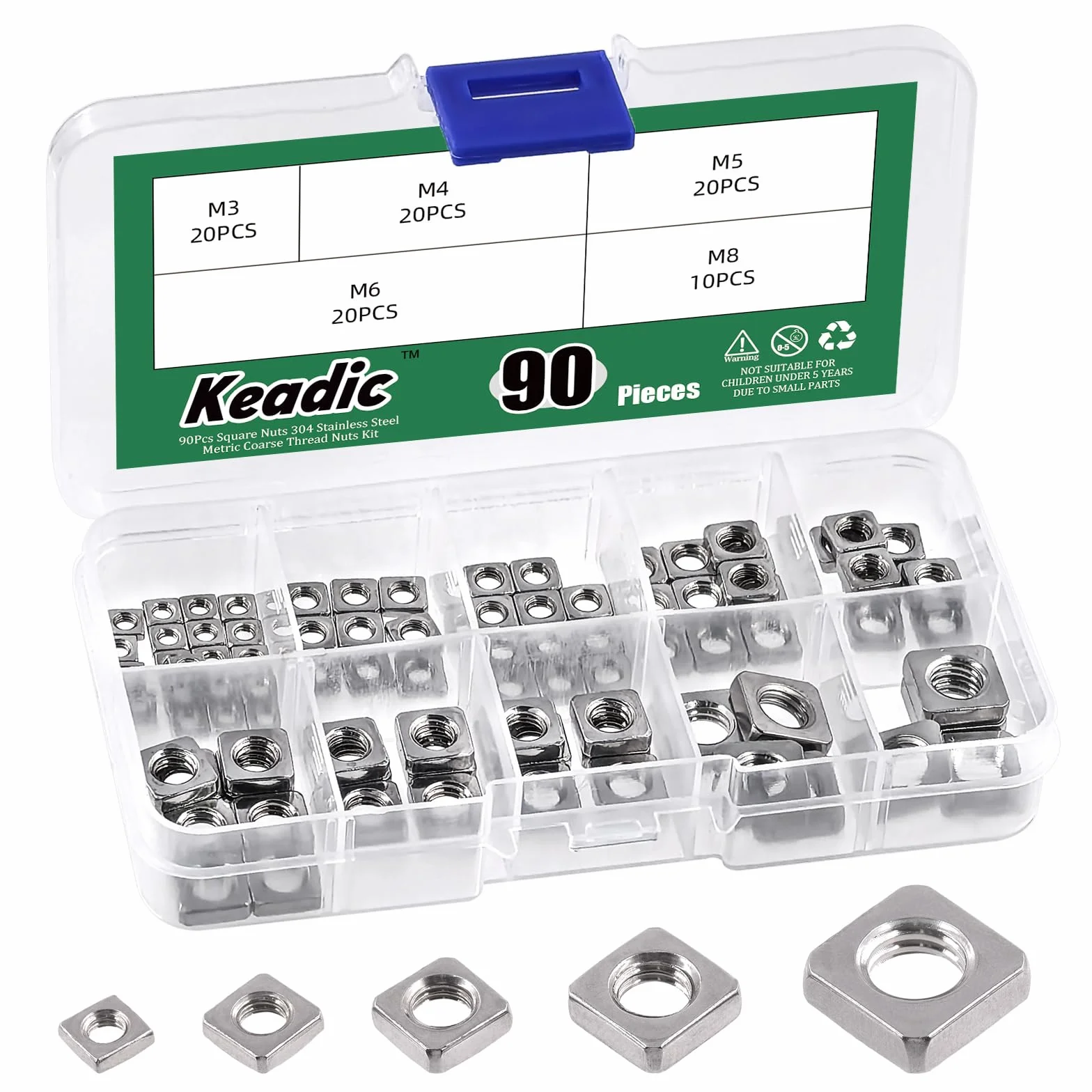 Keadic Set 90 dadi quadrati in acciaio inox 304 M3 M4 M5 M6 M8