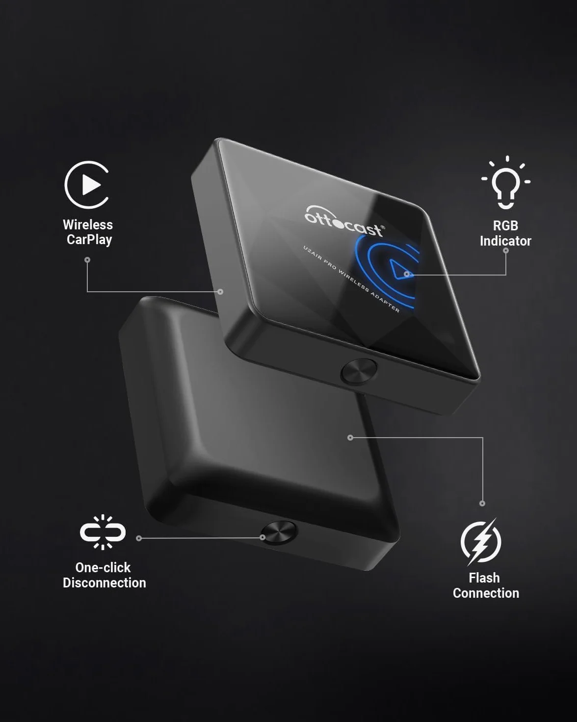 OTTOCAST Adattatore CarPlay Wireless, Dongle Senza Fili, Nessun Ritardo, Compatibile con Auto dal 2016 e iPhone iOS 10+