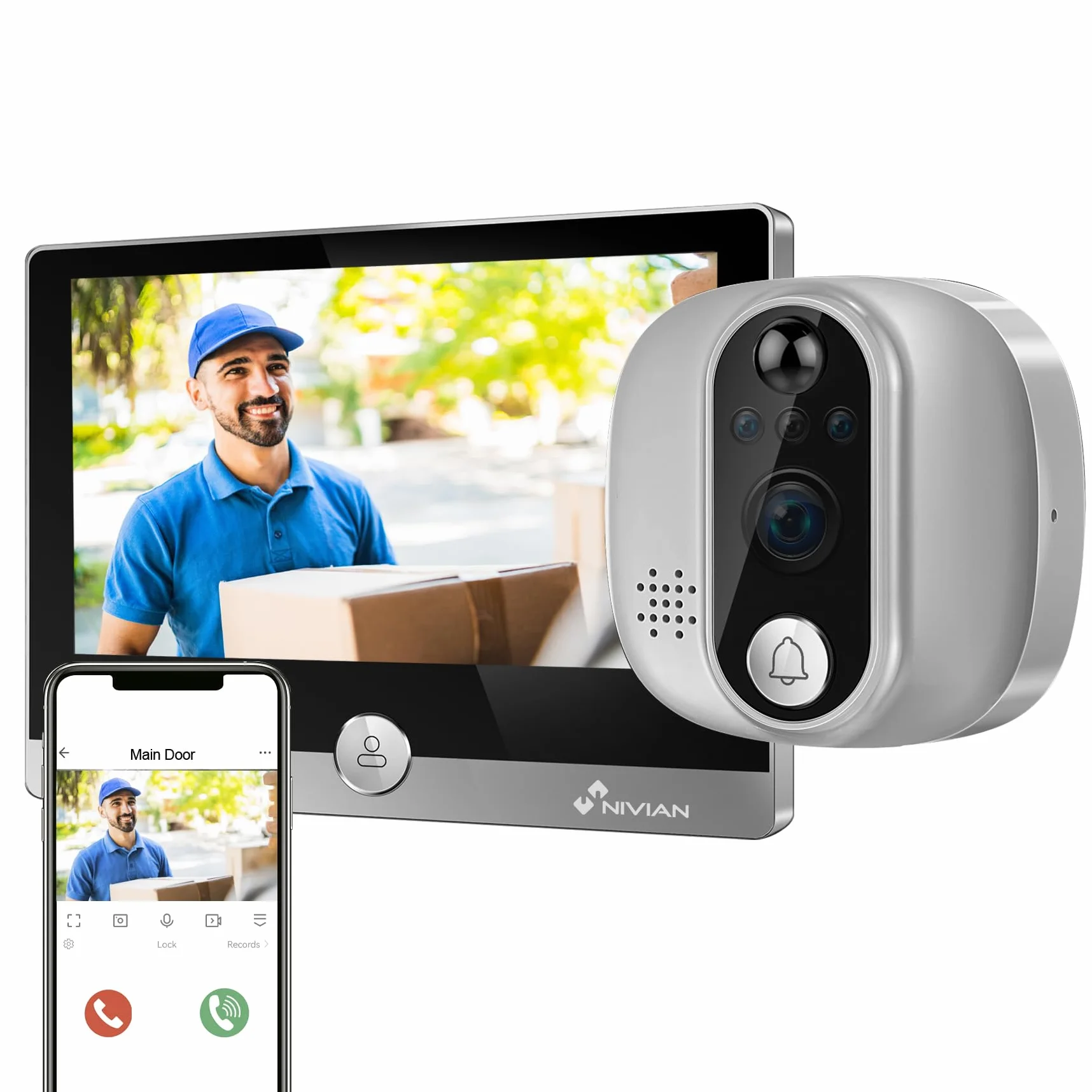 NIVIAN Spioncino Digitale WiFi - Videocamera Full HD con Batteria e Campanello, Audio Bidirezionale, Rilevamento PIR e Visione Notturna | App e Controllo da Smartphone