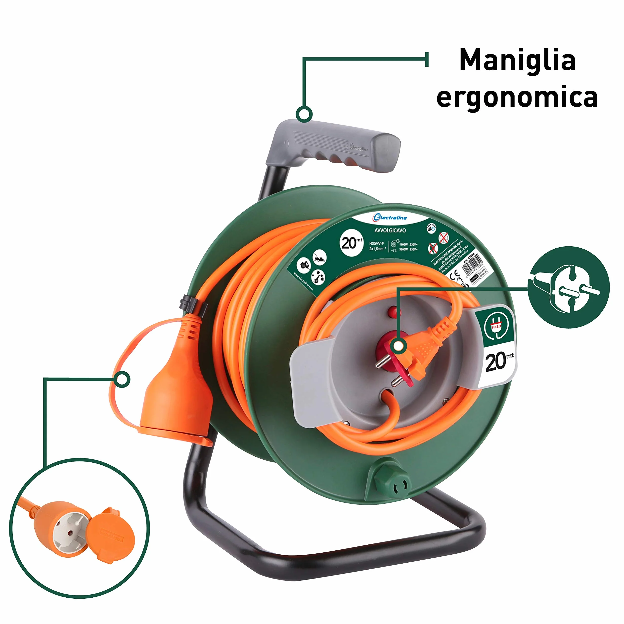 Electraline 49234 Prolunga Giardino con Avvolgicavo, Spina e Presa Europea 2 Poli Adatta per Elettrodomestici da Giardinaggio, con Protezione, 20 Metri