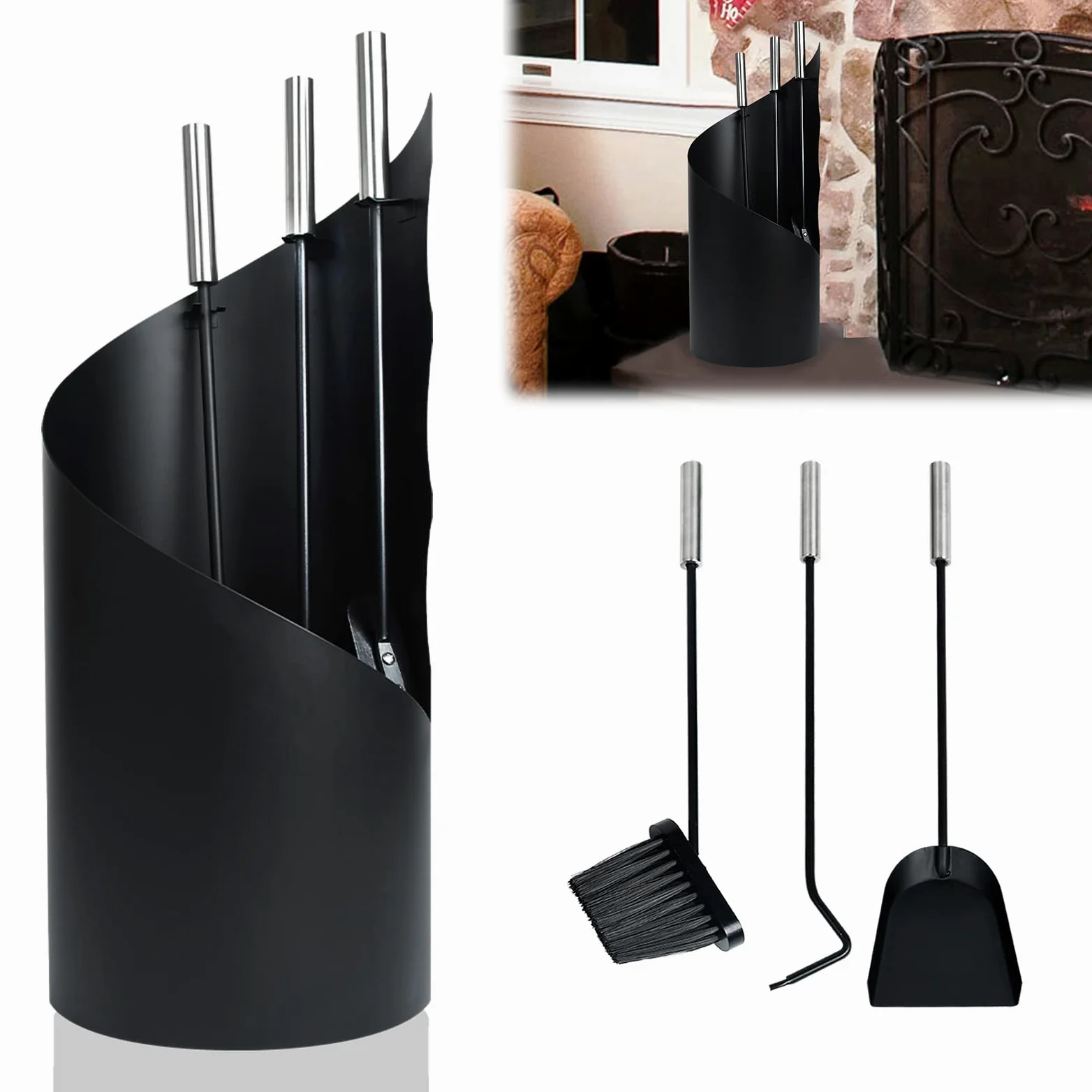 HENGMEI Set di 5 accessori per camino in acciaio inox, set di posate per camino, con supporto, scopa, pinza, gancio, pala per stufa a legna (nero, tipo B)