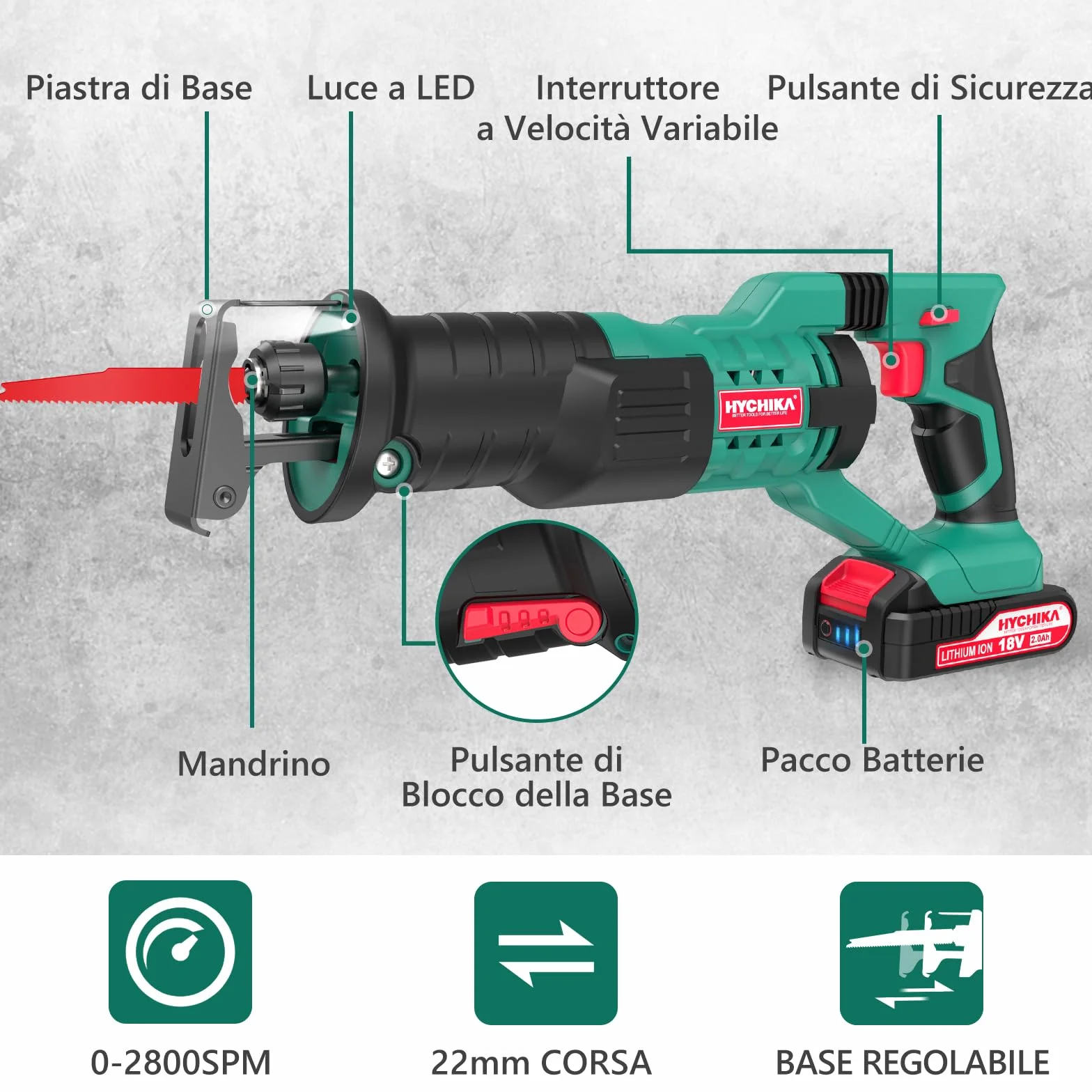 HYCHIKA Sega a Gattuccio, Seghetto A Batteria 18V, 2 batterie 2,0Ah, Velocità Variabile 0-2800 SPM, 2 Lame, Caricabatterie rapido, Luce LED, Adatto per Tagliare Legno e Metallo