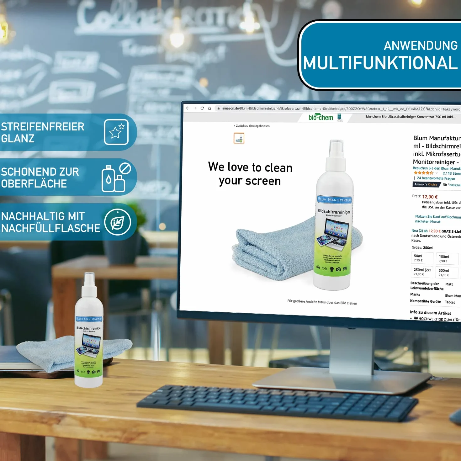 Blum Manufaktur - 100ml Pulizia dello schermo. Pulizia perfetta di tutti gli schermi e display. Senza striature e senza strisce.