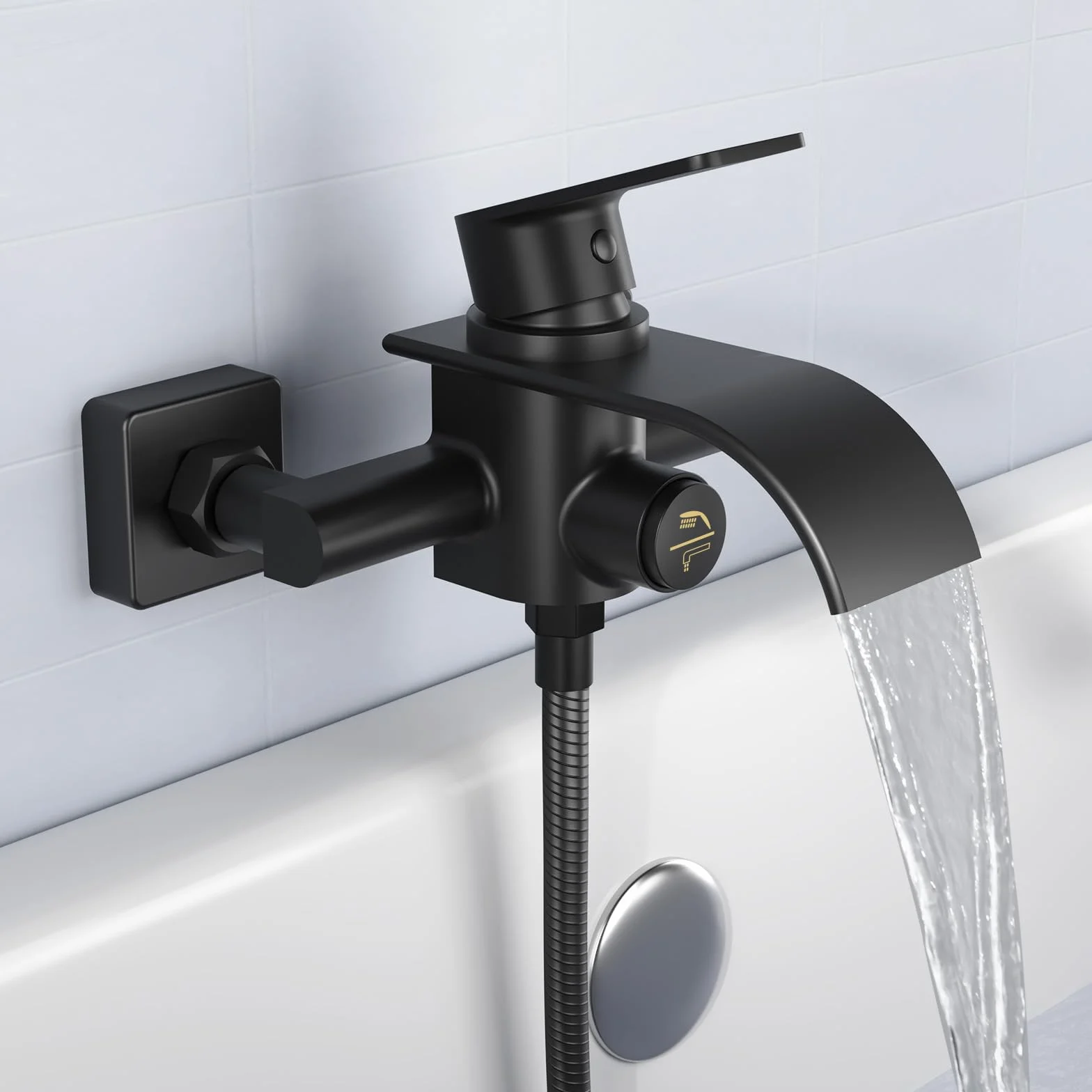 KULACO Rubinetto per Vasca da Bagno a Cascata, Nero, Monomando con Interruttore a Pressione, Materiale in Ottone, Reversibile, Montaggio a Parete