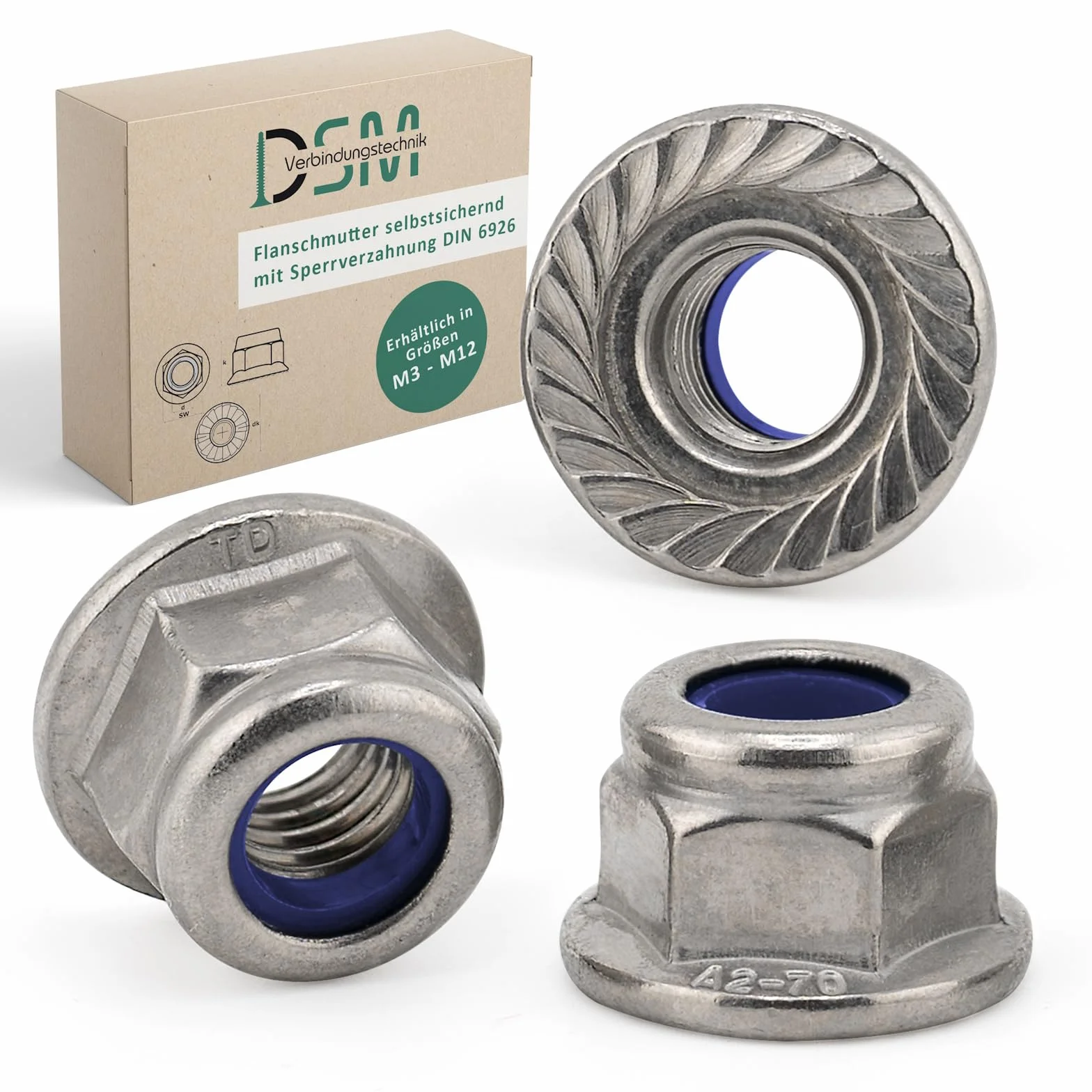 Dadi flangia M8 Acciaio inox A2/V2A Autobloccanti DIN 6926 Dado esagonale con flangia 100 szt.