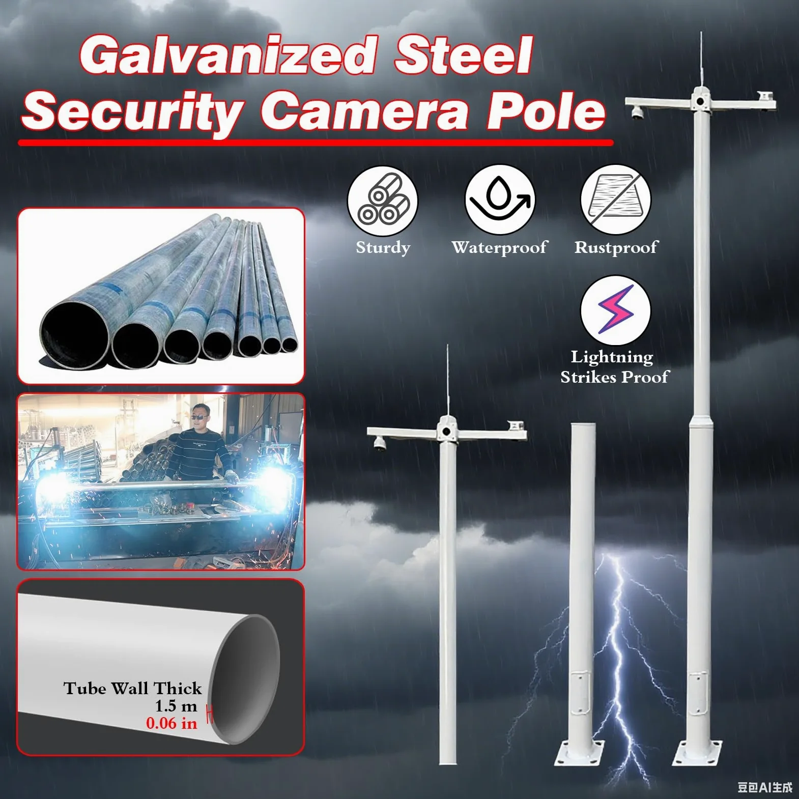 Palo e Braccio Telecamera Sicurezza Staffa di Montaggio Angolare Rimovibile per Telecamera di Sicurezza | Pali Di Giunzione Per Sorveglianza Resistenti Alle Intemperie Per Parchi Industriali/giardini(3.0 m/9.8 ft)