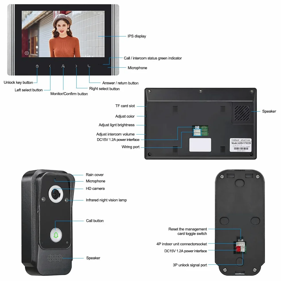 Sistema di videocitofono cablato con schermo a colori IPS da 7 pollici, videocitofono HD 1080P e telecamera da 2 megapixel con supporto per sblocco, citofono bidirezionale