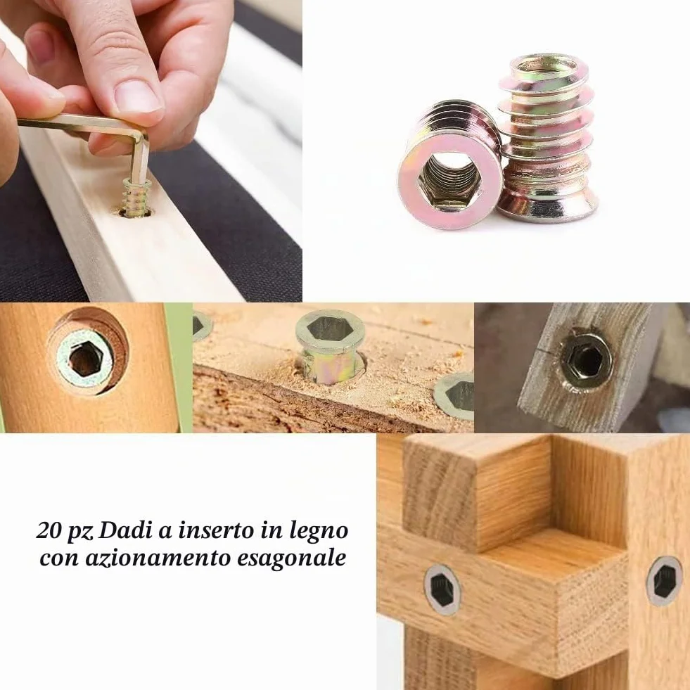 20 Pezzi Inserti Filettati M8 per Legno, Dado in Acciaio al Carbonio con Esagono Incassato per Mobili (M8*20mm)