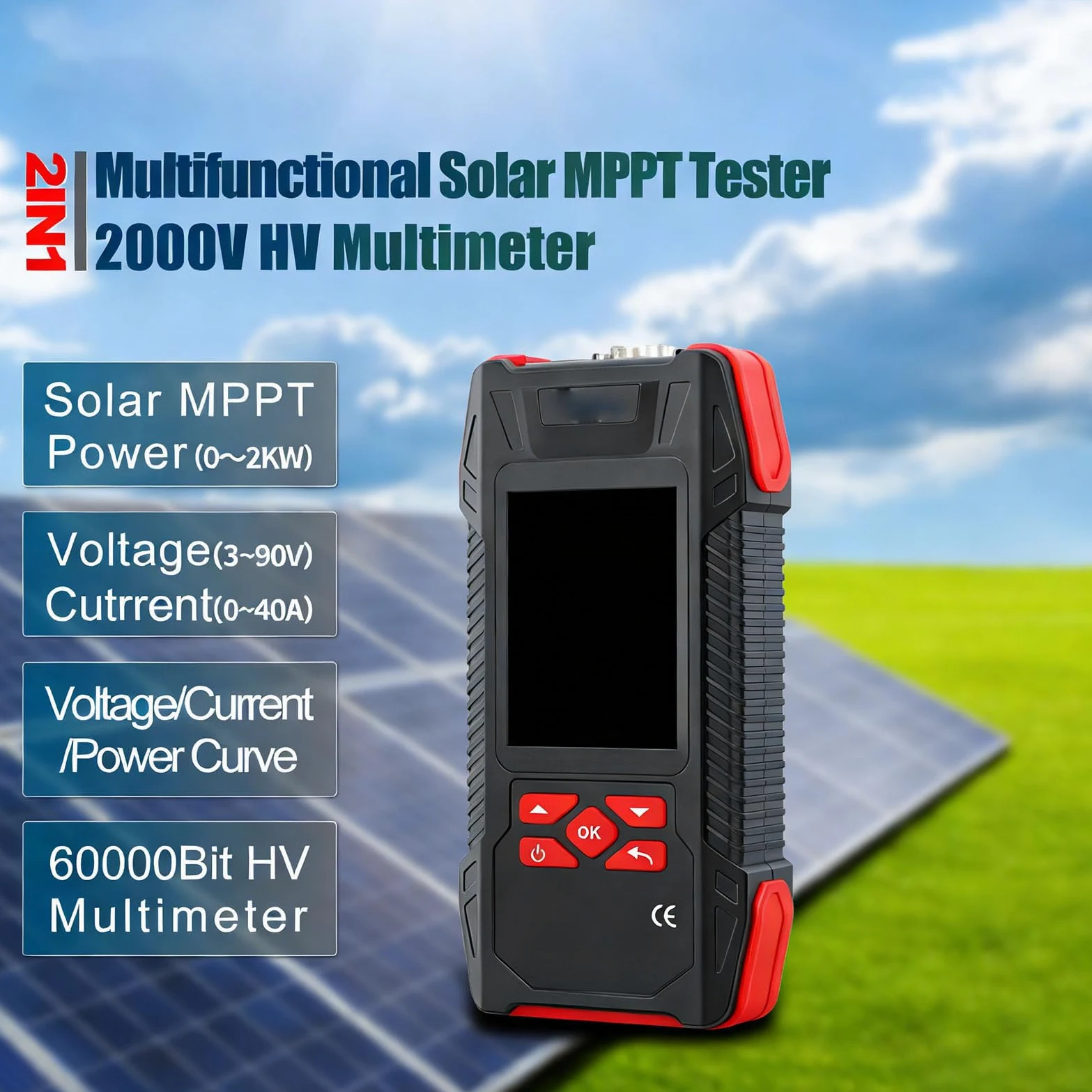 Cocoarm Tester per Pannelli Solari 2000W, Multimetro Fotovoltaico a Pannelli MPPT con LCD da 3,2 Pollici per Tensione a Circuito Aperto, Strumento Utilità