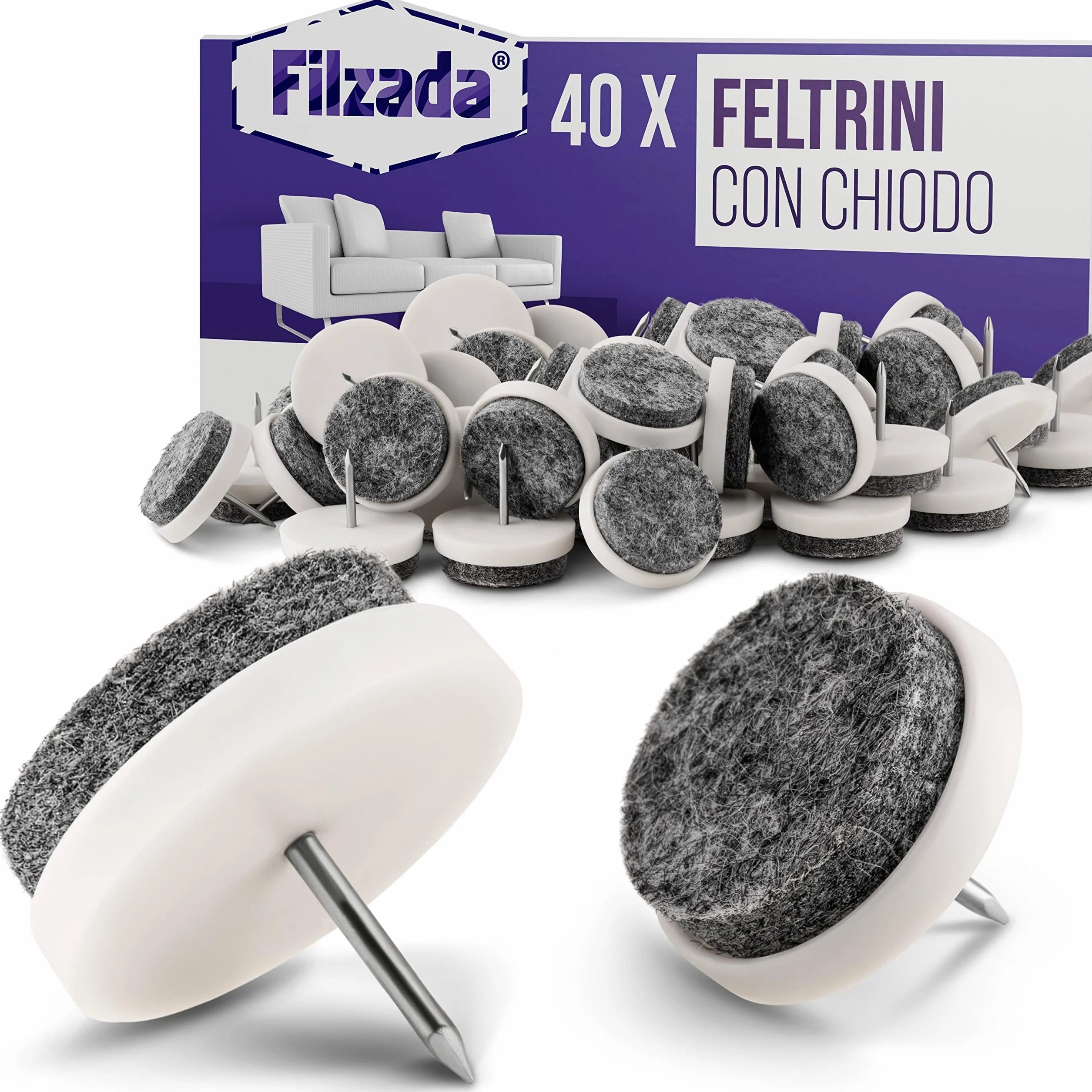 Filzada 40x Feltro aliante con chiodo Ø 24 mm bianco