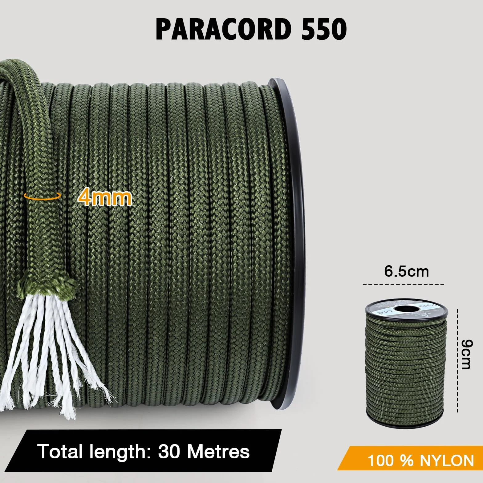 AiQInu Paracord 4mm, 30m Paracord 550 Nylon Corde Paracadutismo 9 Fili Rope, Corda Nylon 250kg Portata, Cordino Resistente per Escursionismo, Campeggio e Fai da Te, Verde Militare