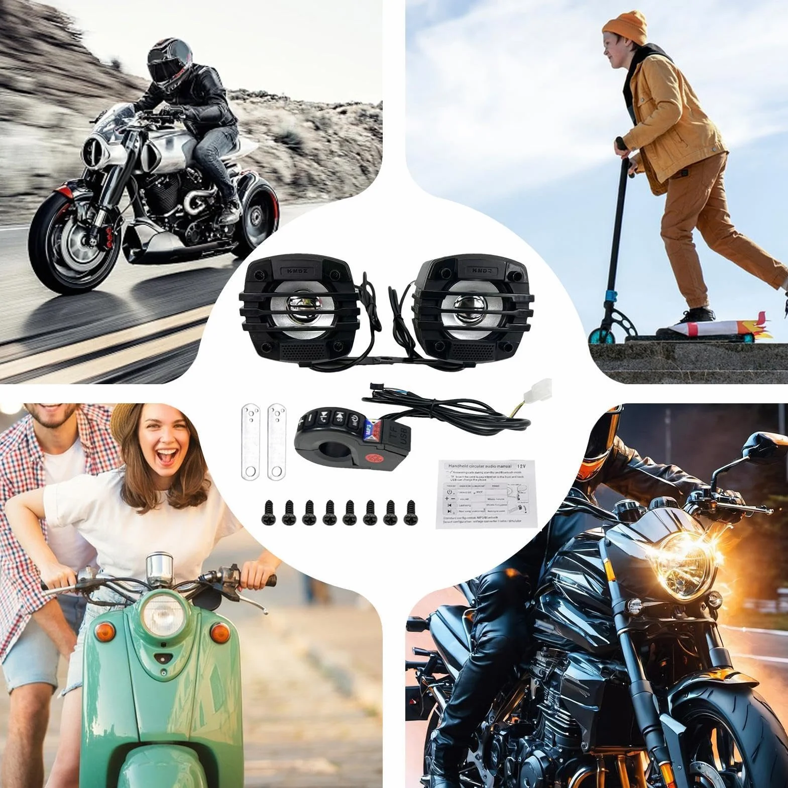 stereo per moto, altoparlanti da manubrio con suoni Hi-Fi, amplificatore audio nero con struttura resistente alle intemperie, kit audio per donne e uomini, accessorio di intrattenimento per