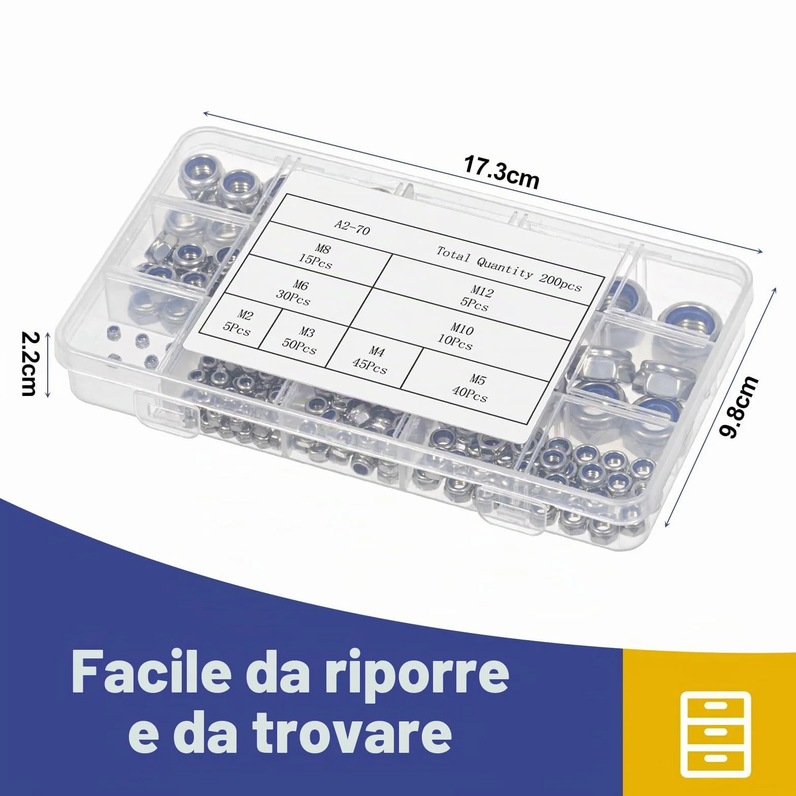 Dadi Autobloccanti Acciaio Inox A2-70 Set 8 Pezzi M2 M3 M4 M5 M6 M8 M10 M12