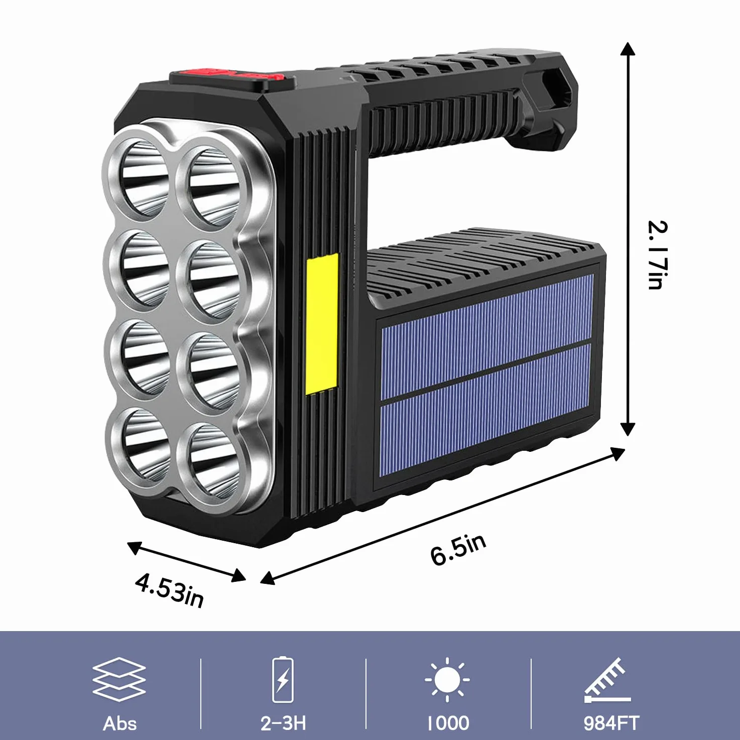 Torcia solare a 8 LED con luce di posizione COB, 1000 lumen, alimentata a energia solare, ricaricabile tramite USB, impermeabile, con 3 modalità, per pesca, campeggio, emergenze