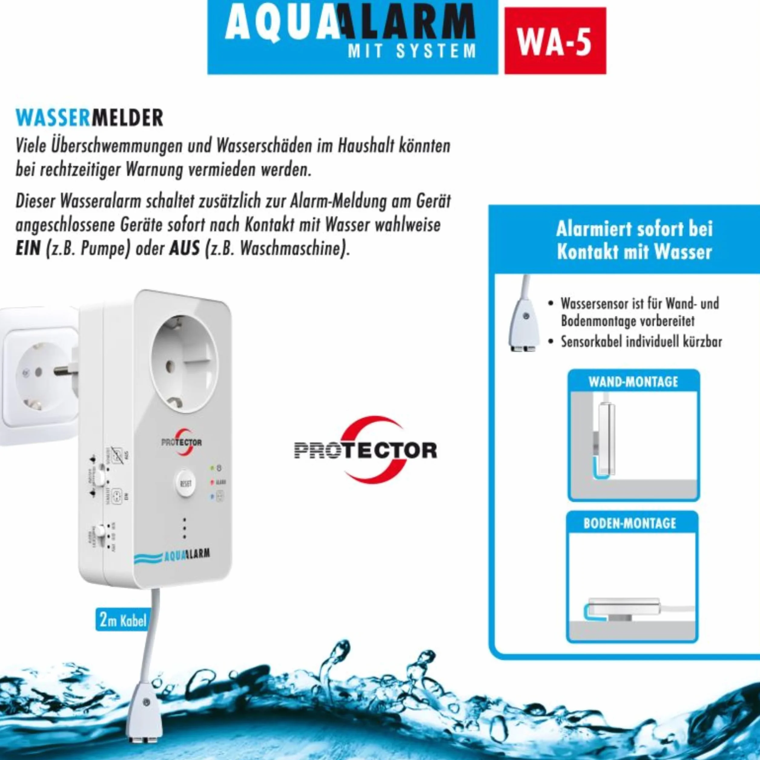 M-e modern-electronics WA-5 - Rilevatore d'acqua con sensore esterno alimentato a rete