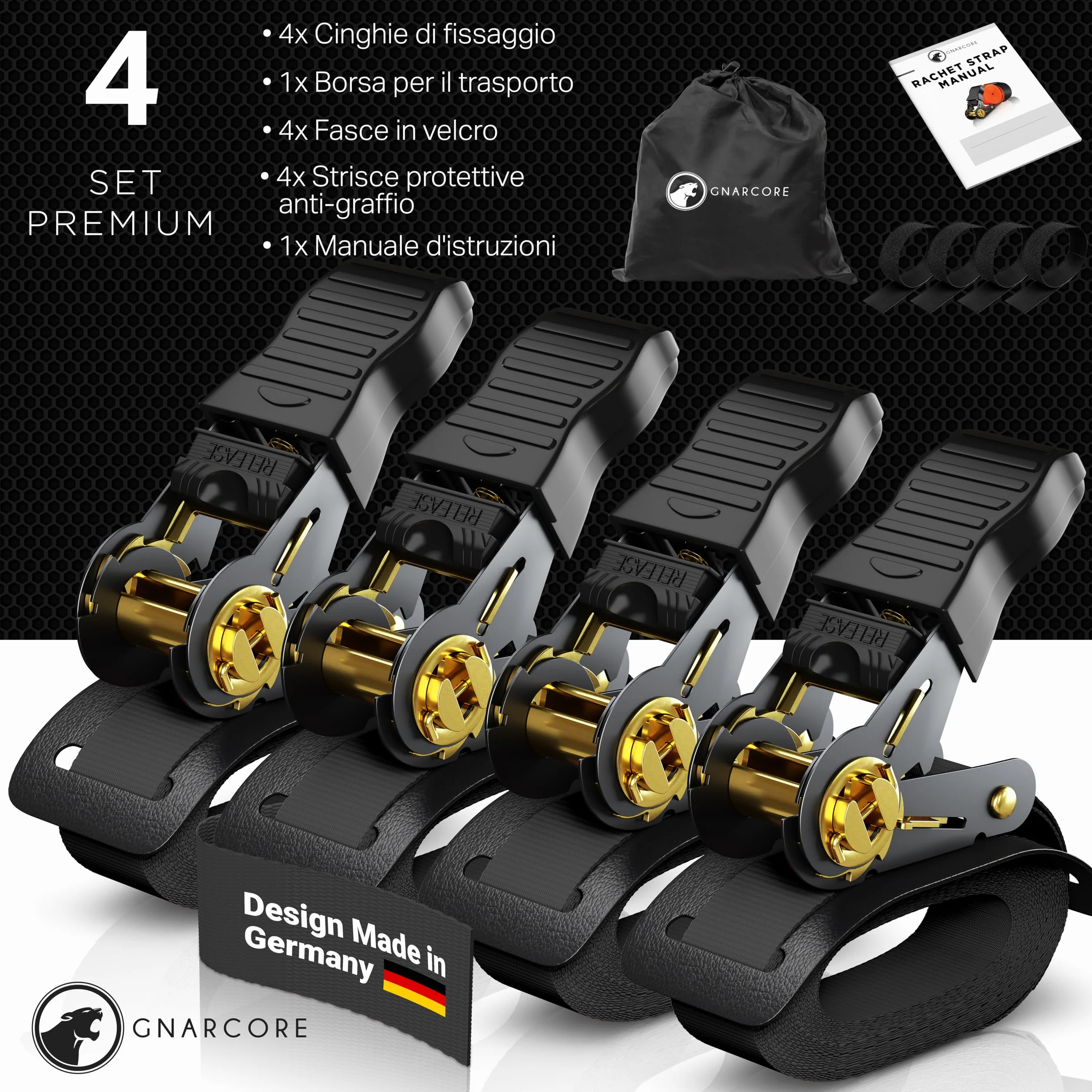 Cinghie di Fissaggio a Cricchetto Premium, Set da 4, Resistenza 800 Kg, Con Borse - Certificato DIN EN 12195-2