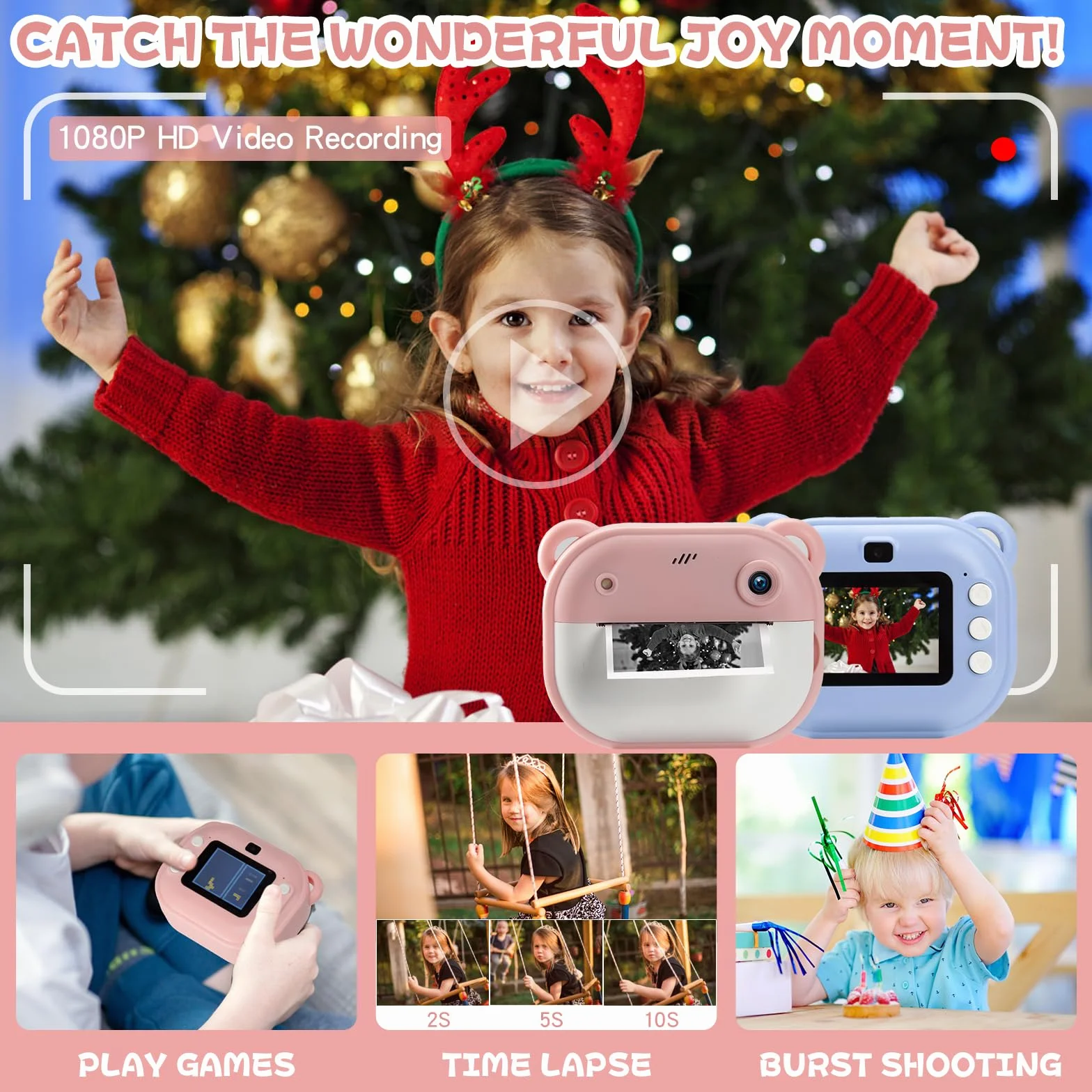 Fotocamera per Bambini per Ragazze e Ragazzi, Fotocamera Giocattolo con Stampa Istantanea per Bambini, dai 3 ai 14 Anni, Fotocamera Digitale per Bambini HD da 32 GB (Rosa)
