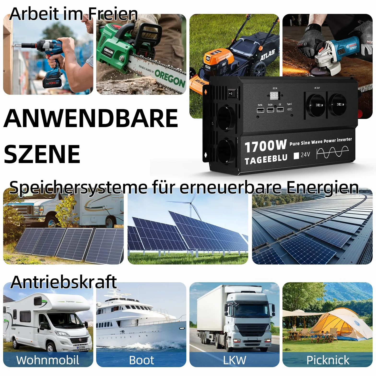 1700W inverter 24v 220v Onda Pura con Display LCD, 4 EU Presa, 4 ports USB et Tipo C 30W
