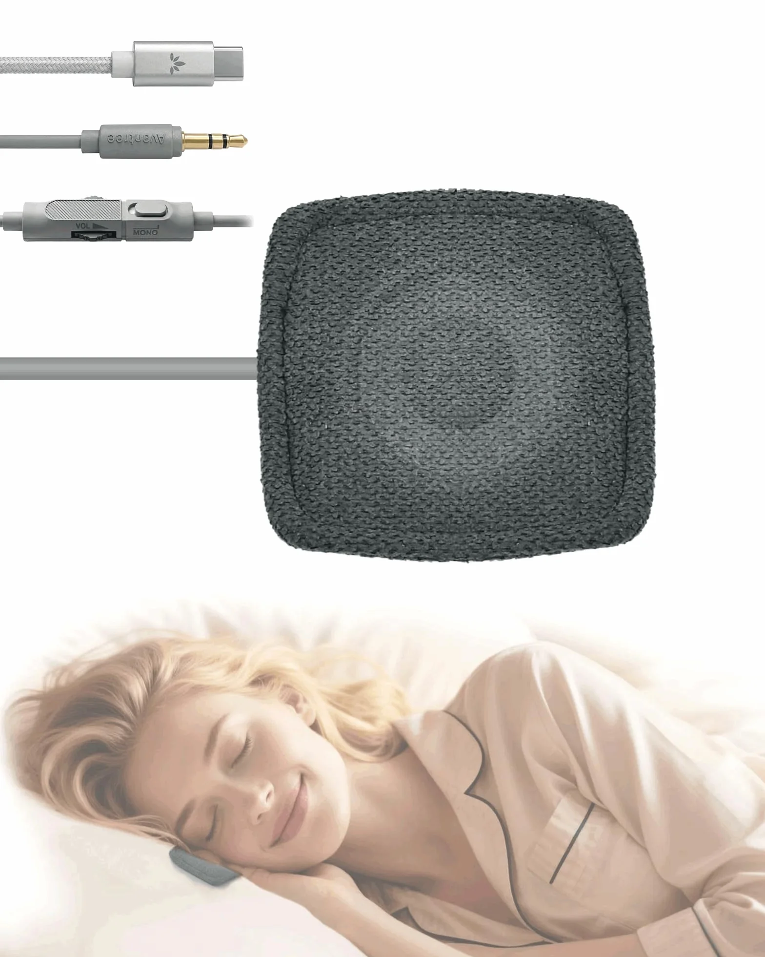 Avantree Slumber Mini – Altoparlante Da Cuscino Con Cavo Per Dormire, Audio Notturno Morbido, Senza Ricarica, Controllo Volume In Linea, USB-C E AUX, Cuffie Per Podcast E Audiolibri