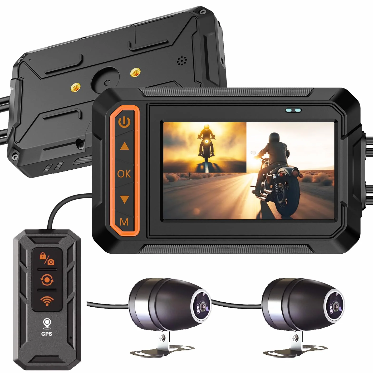 ydi Dash Cam Anteriore e Posteriore 1080P per Moto, Impermeabile Moto Doppia Grandangolare 155 Gradi Fotocamera con Schermo da 3 Pollici, Wi-Fi, GPS, Telecomando a Filo, Monitor di Parcheggio