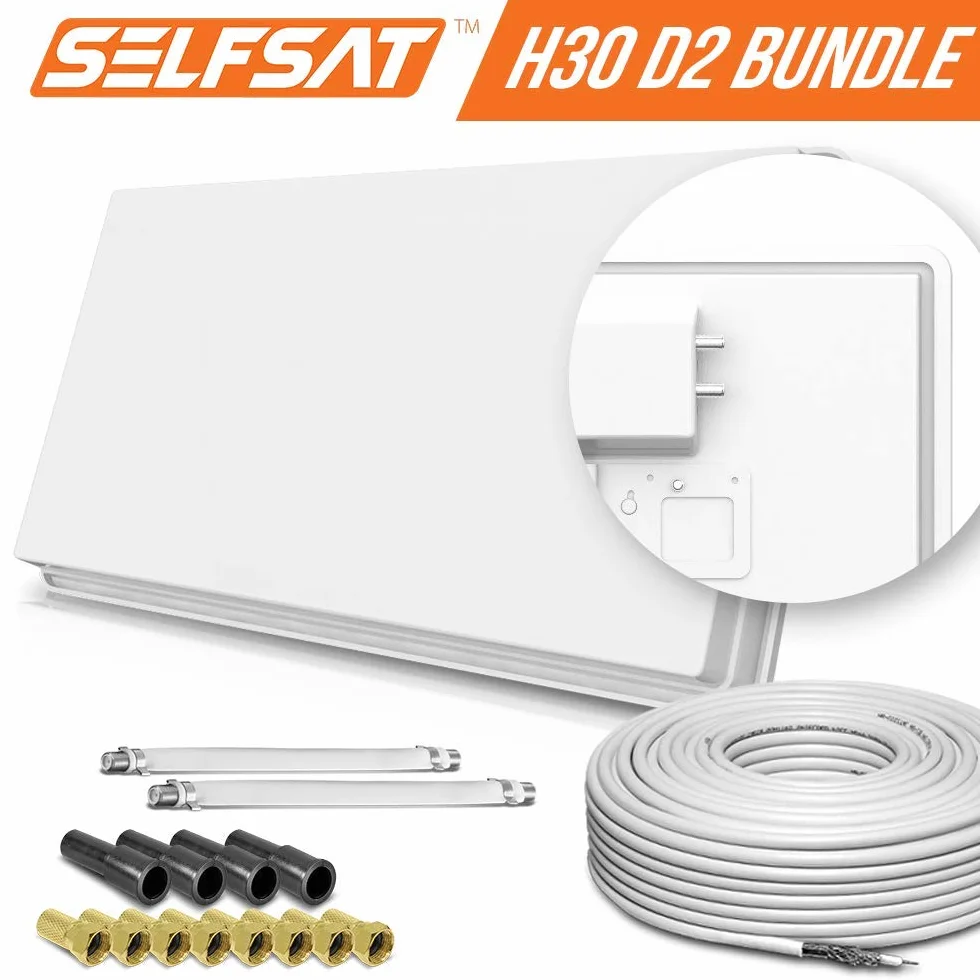 Selfsat H30D2+ - Antenna piatta con 2 partecipanti TV SAT + passacavo per finestra + cavo Full HD 4K