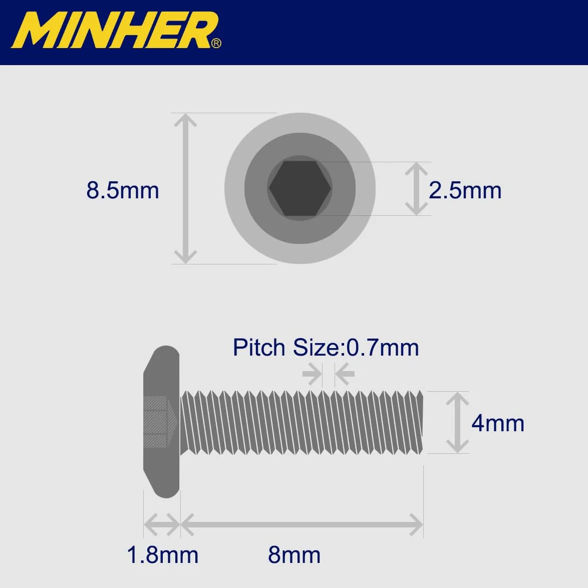 MINHER M4 x 8mm 10Pcs Viti Bulloni Testa Piatta Esagono Incassato Acciaio Inossidabile A2 V2A Filettatura Completa